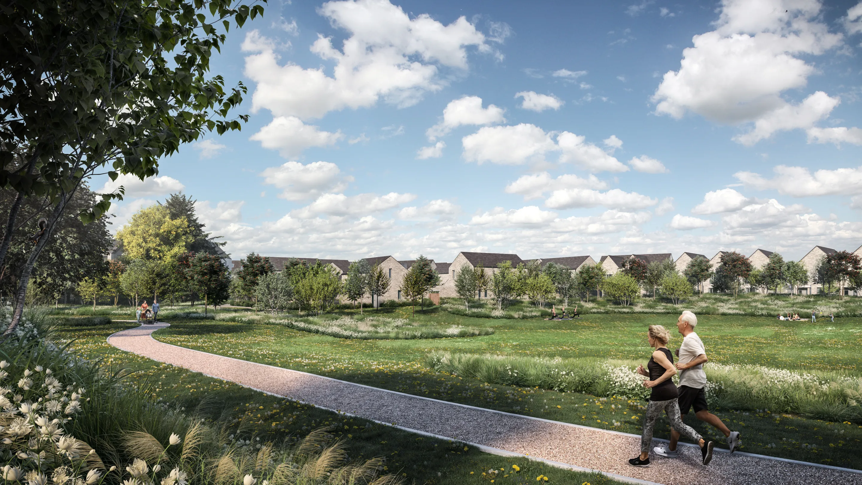 A new development with large landscaped areas.  People jogging along the path.