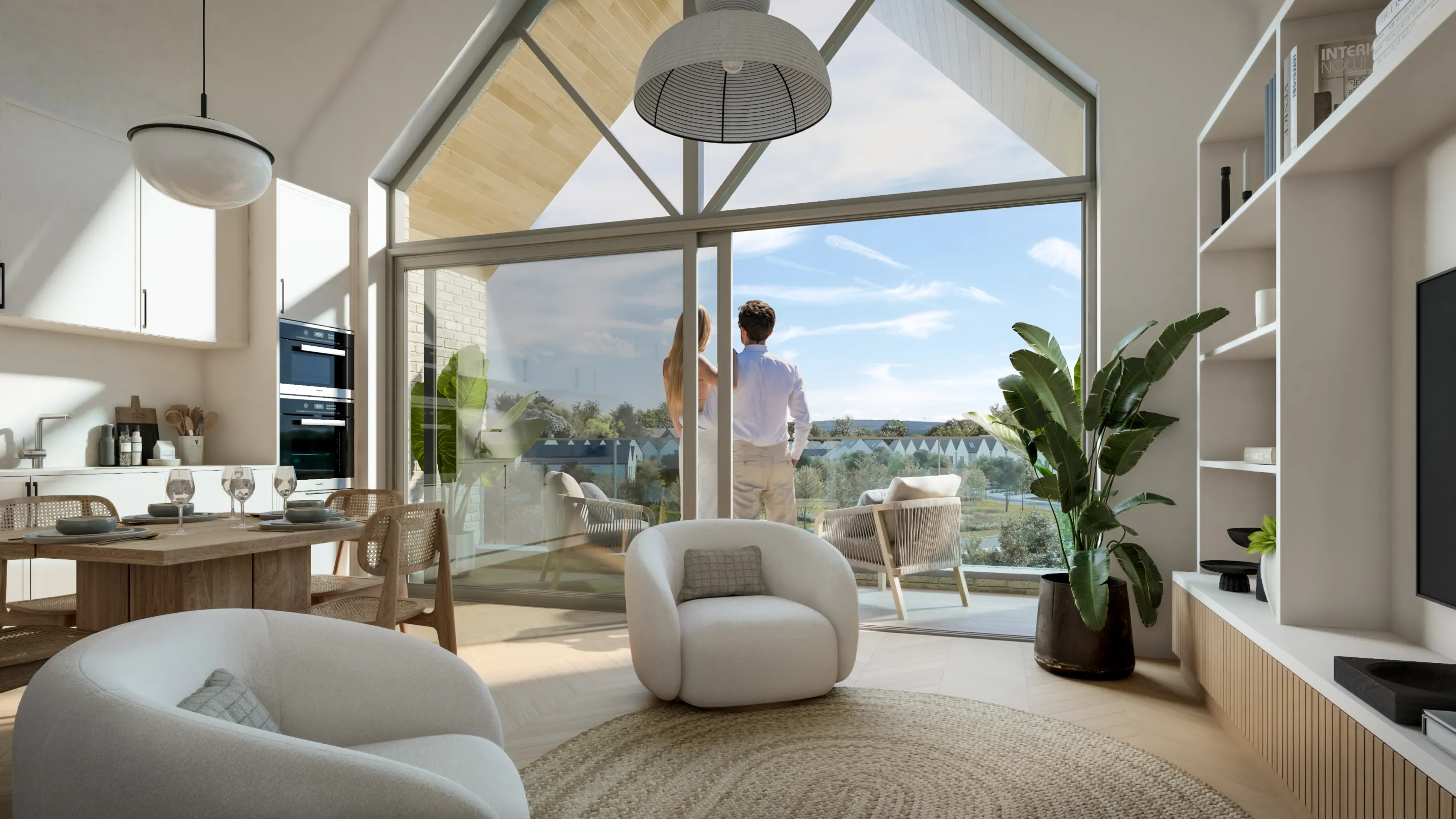 A modern duplex apartment with furnishings, a built-in TV unit and kitchen