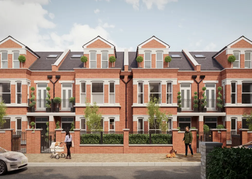 CGI image of Cedars Row, Putney - a row of 4 terrace red bricked houses