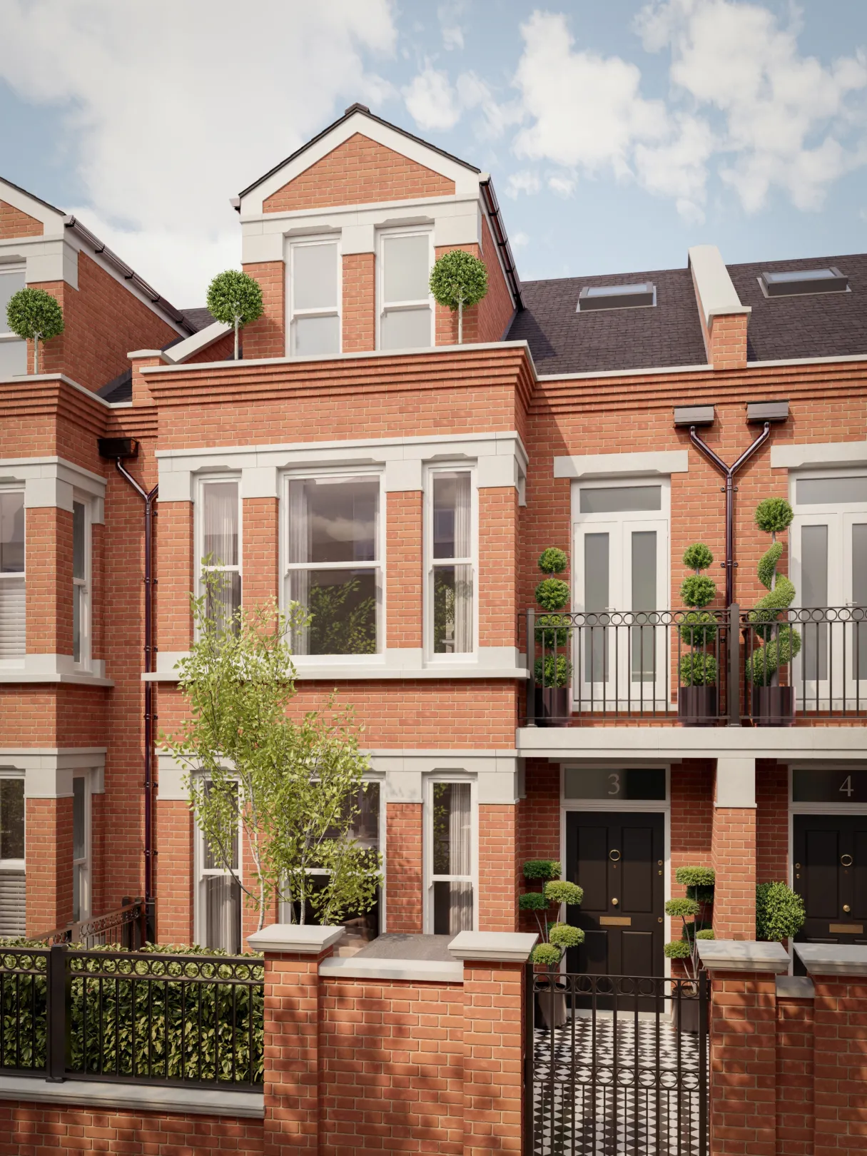 CGI image of Cedars Row, Putney - a row of 4 terrace red bricked houses