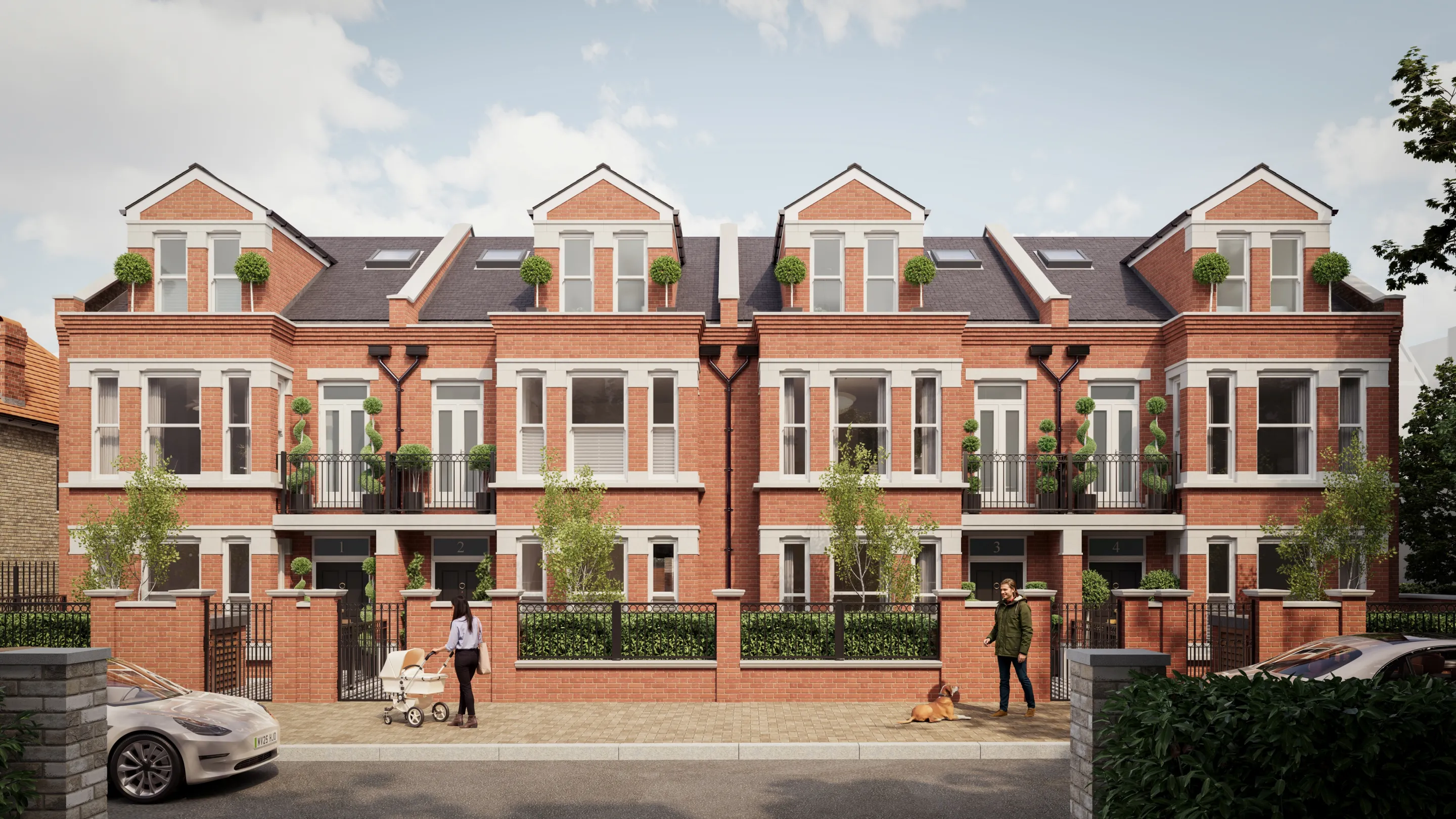 CGI image of Cedars Row, Putney - a row of 4 terrace red bricked houses