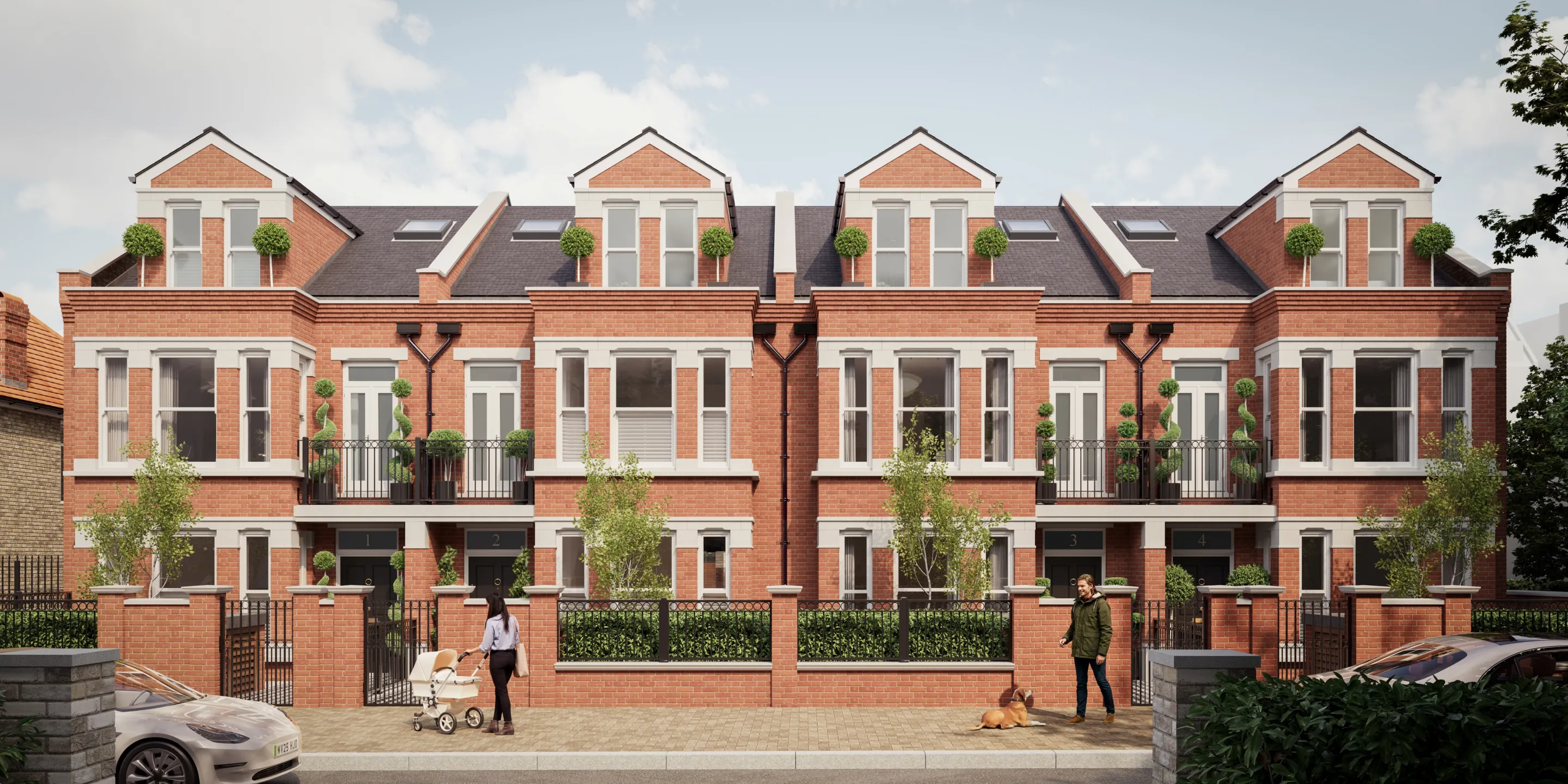 CGI image of Cedars Row, Putney - a row of 4 terrace red bricked houses