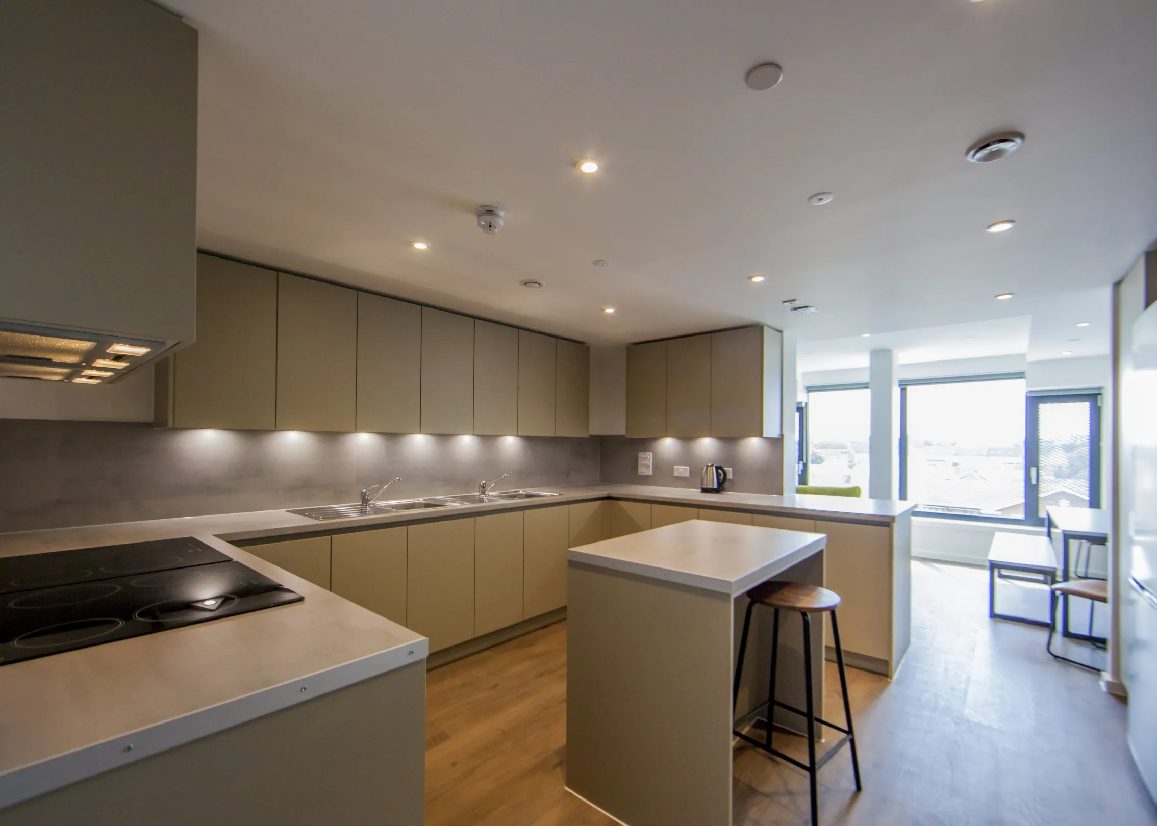 A larch shared kitchen area in a student accommodation building