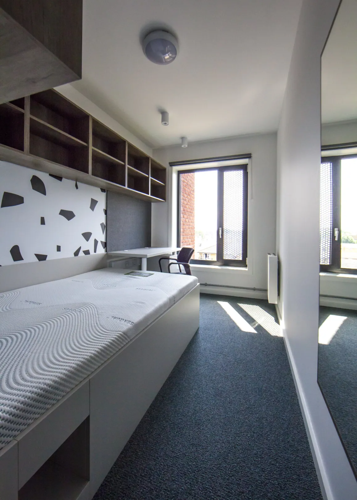 A bed and study looking out to a window in a student accommodation building