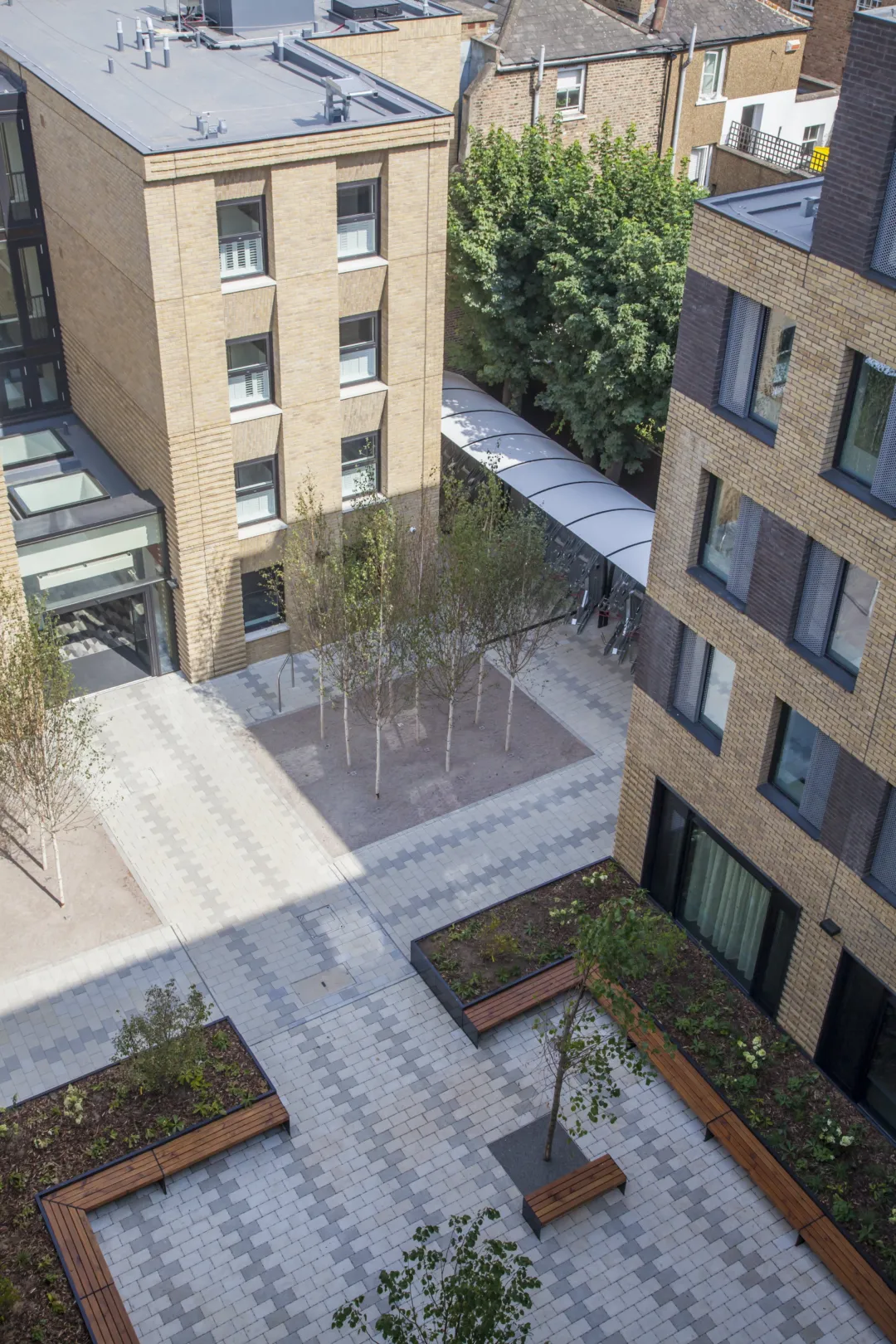 Modern building in two tones of brick with silver birch trees planted in the central communal area
