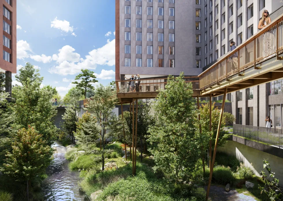 A CGI of high rise new build student accommdation blocks, a bridge runs over the top of an eco pool thorugh a central courtyard