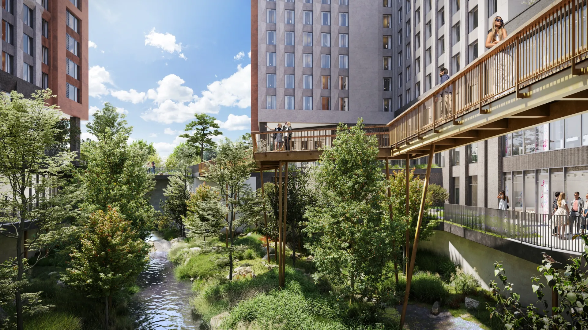 A CGI of high rise new build student accommdation blocks, a bridge runs over the top of an eco pool thorugh a central courtyard