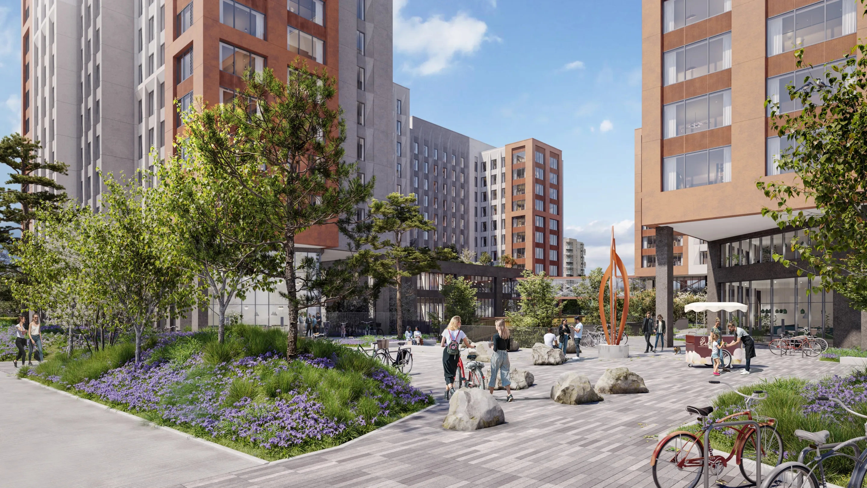 A CGI of high rise new build student accommdation blocks, students gather in a landscaped courtyard