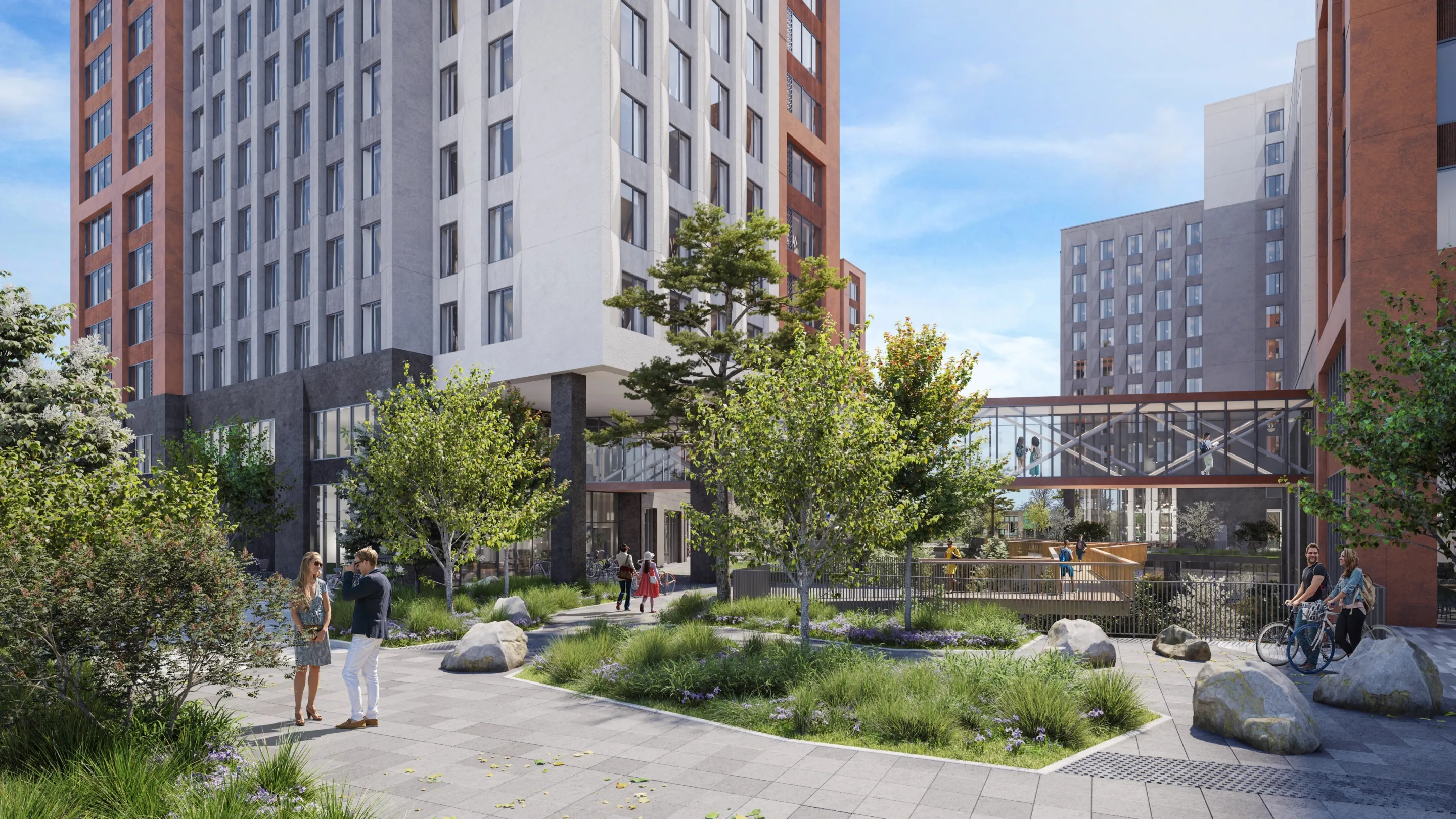 A CGI of high rise new build student accommdation blocks, students gather in a landscaped courtyard, a bridge links the blocks