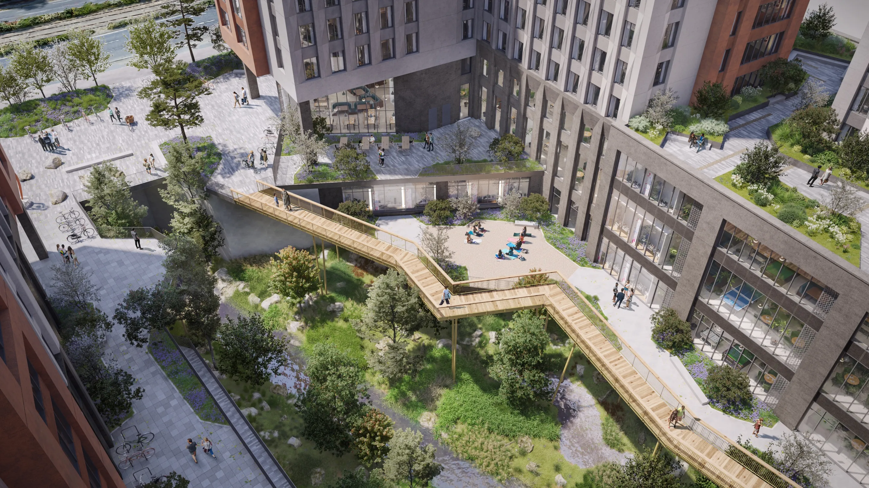 An aerial image CGI of high rise new build student accommdation blocks, students gather in a landscaped courtyard and a bridge runs over the top of an eco pool