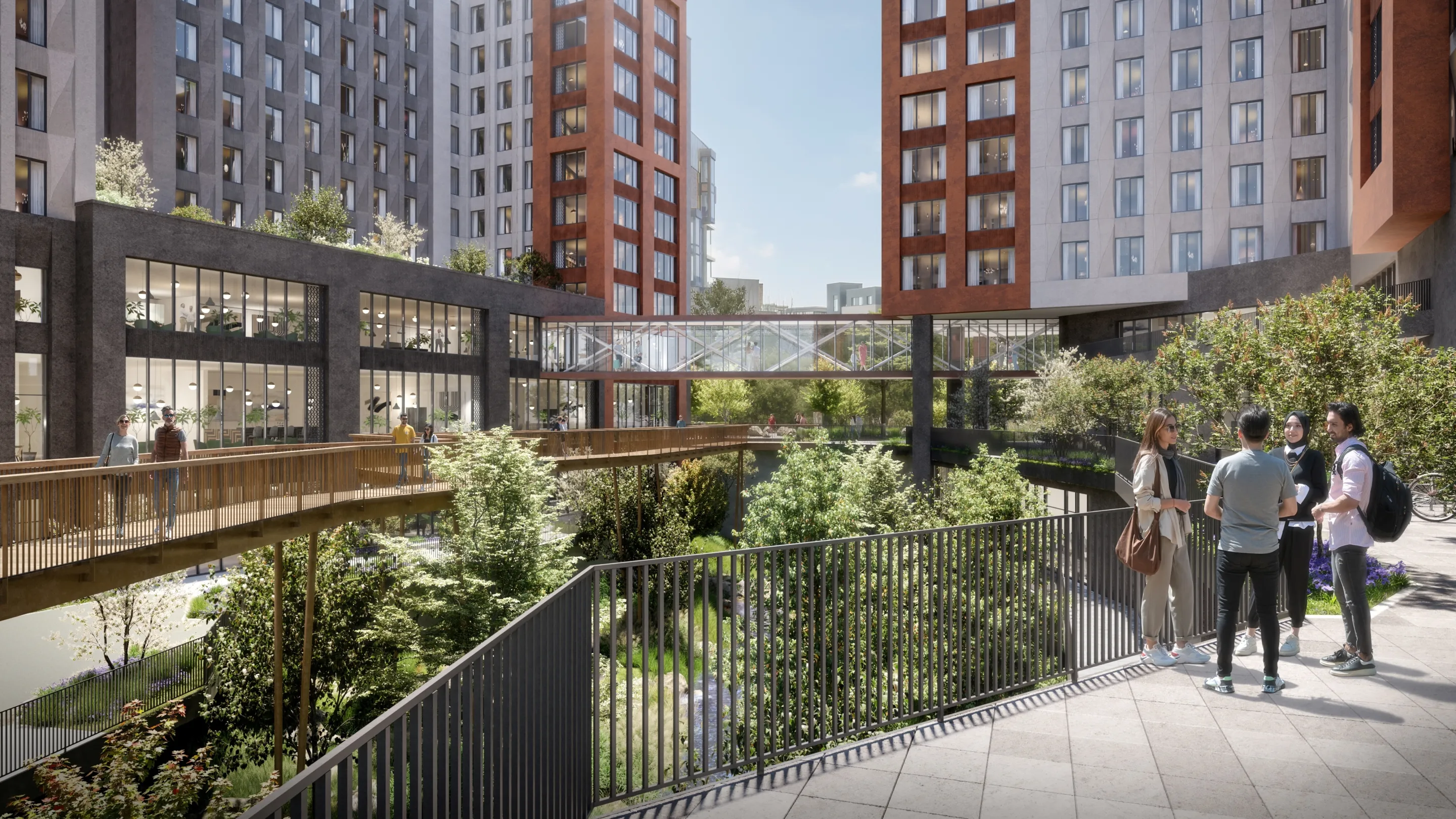 CGI of high rise new build student accommdation blocks, students gather, a bridge through the centre linking the blocks with an eco pool below