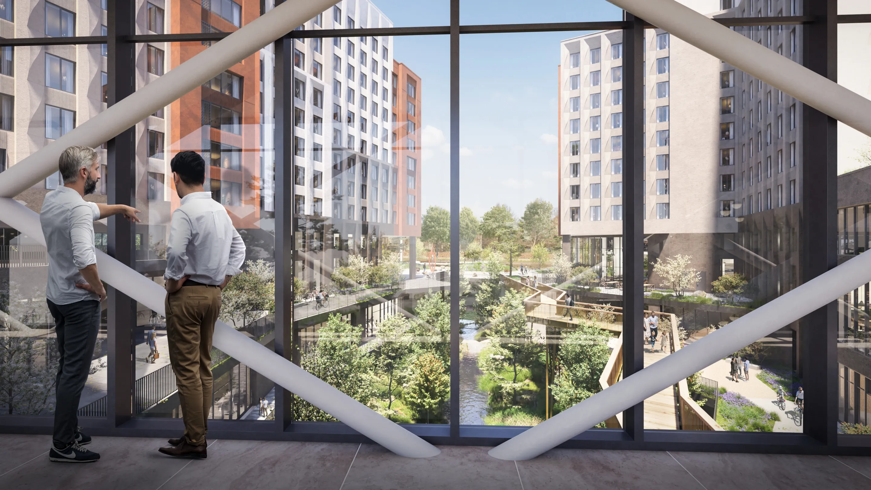 A CGI of a glazed bridged linking high rise new build student accommdation blocks, overlooking a landscaped courtyard and a bridge runs over the top of an eco pool