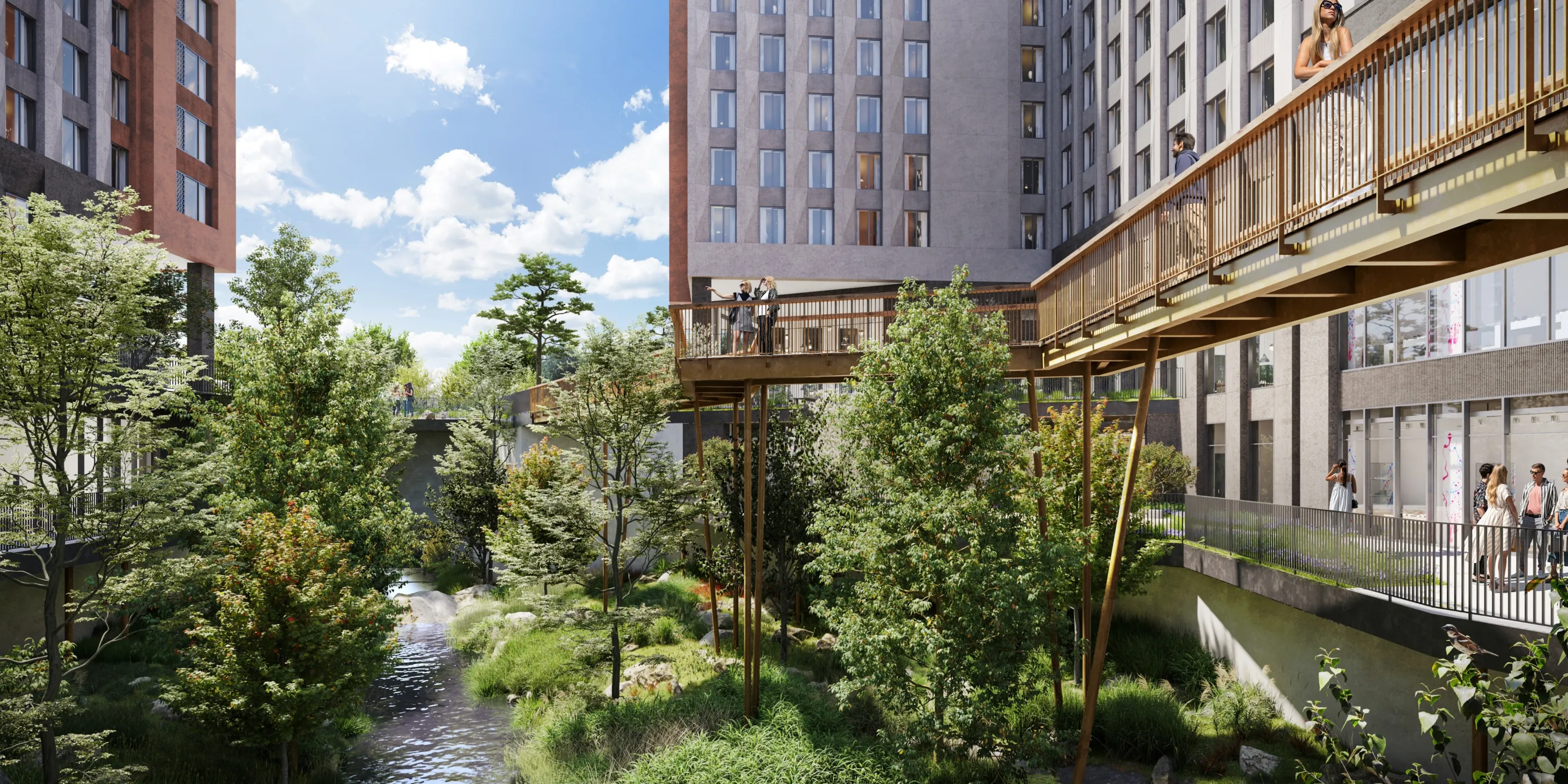 A CGI of high rise new build student accommdation blocks, a bridge runs over the top of an eco pool thorugh a central courtyard