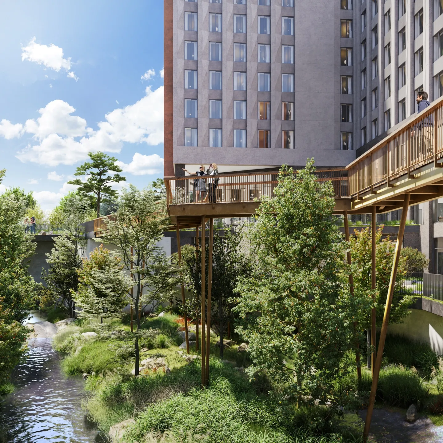 A CGI of high rise new build student accommdation blocks, a bridge runs over the top of an eco pool thorugh a central courtyard