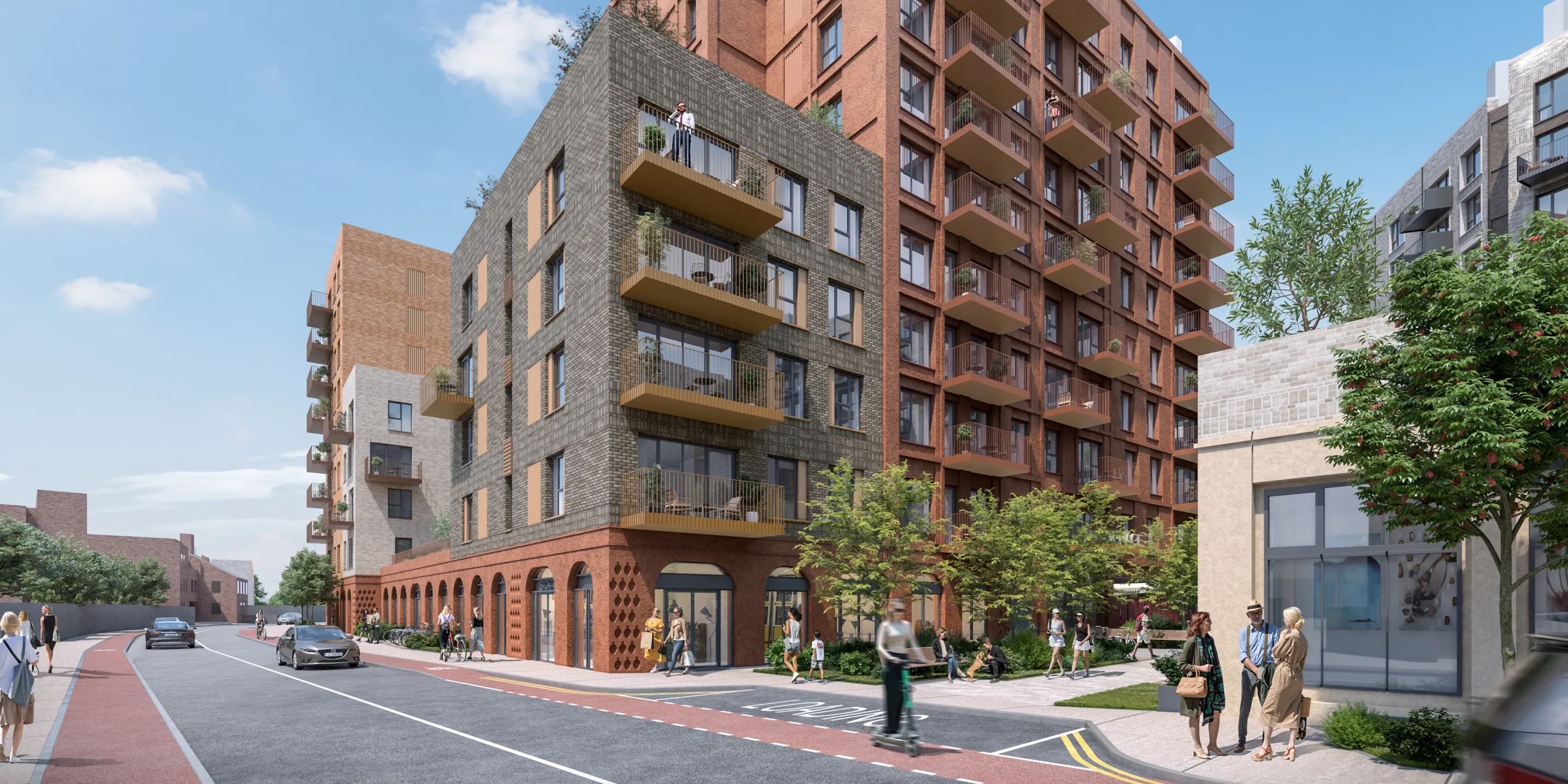 A CGI of a new build high rise development in Dublin with red and grey brickwork and balconies