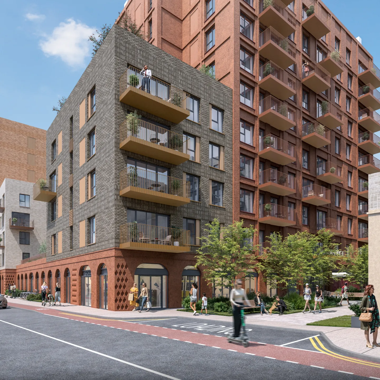 A CGI of a new build high rise development in Dublin with red and grey brickwork and balconies