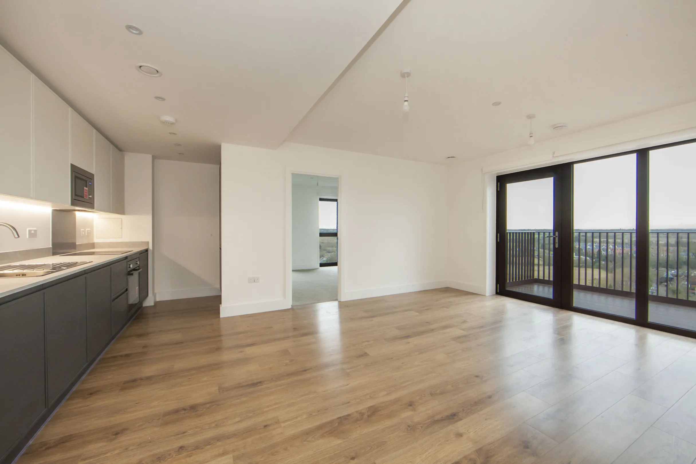 A modern kitchen/living area with wood floors and views to the countryside from the balcony.