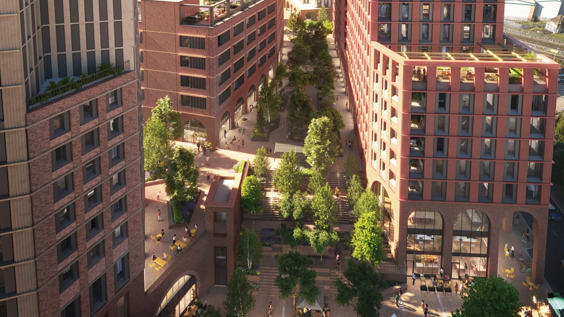 CGI of Multiple large residential buildings surrounding a wide plaza with trees and steps creating many levels of walkway. Cafes occupy commercial space at ground level.