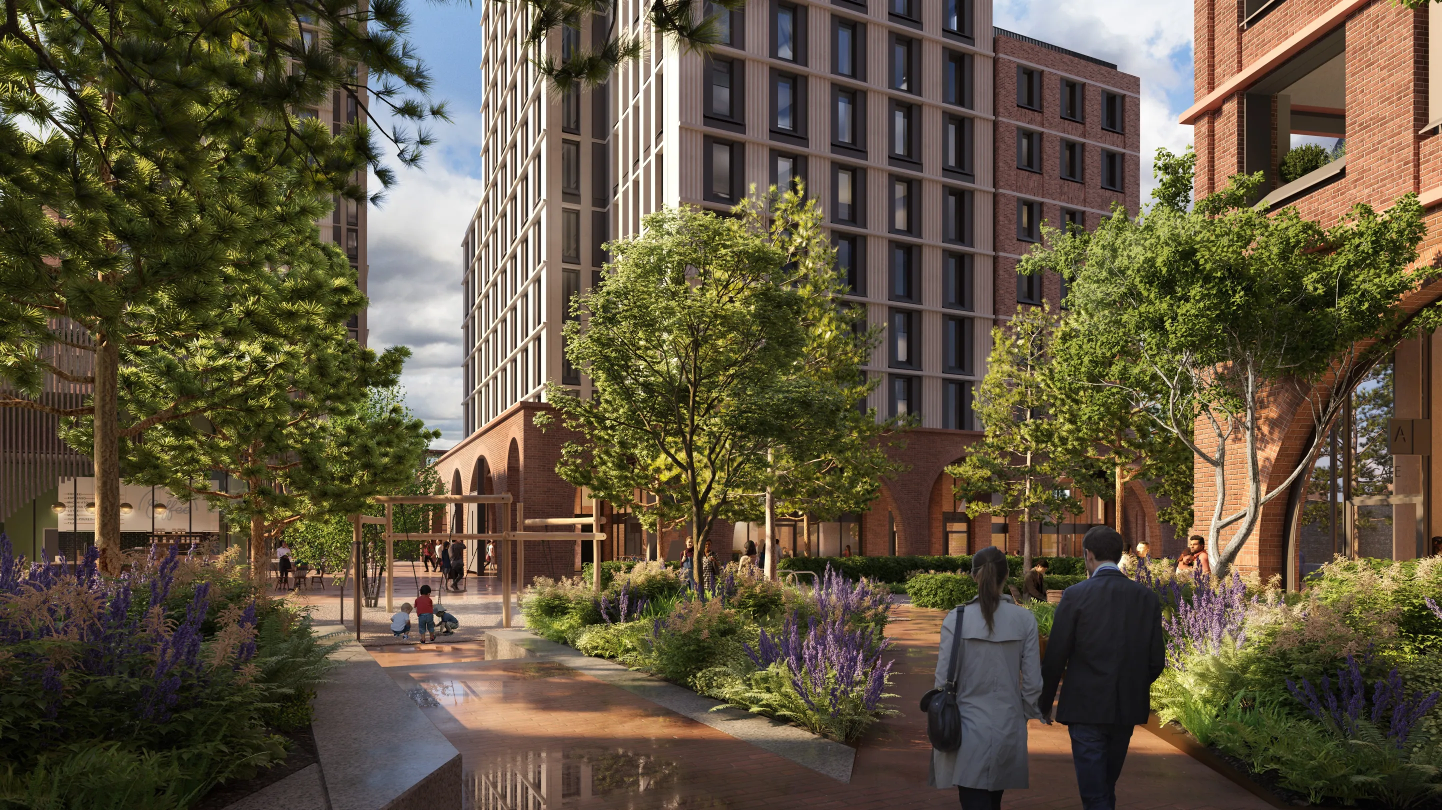 CGI of Multiple large residential buildings surrounding a wide plaza with trees, where people are seen walking and relaxing.