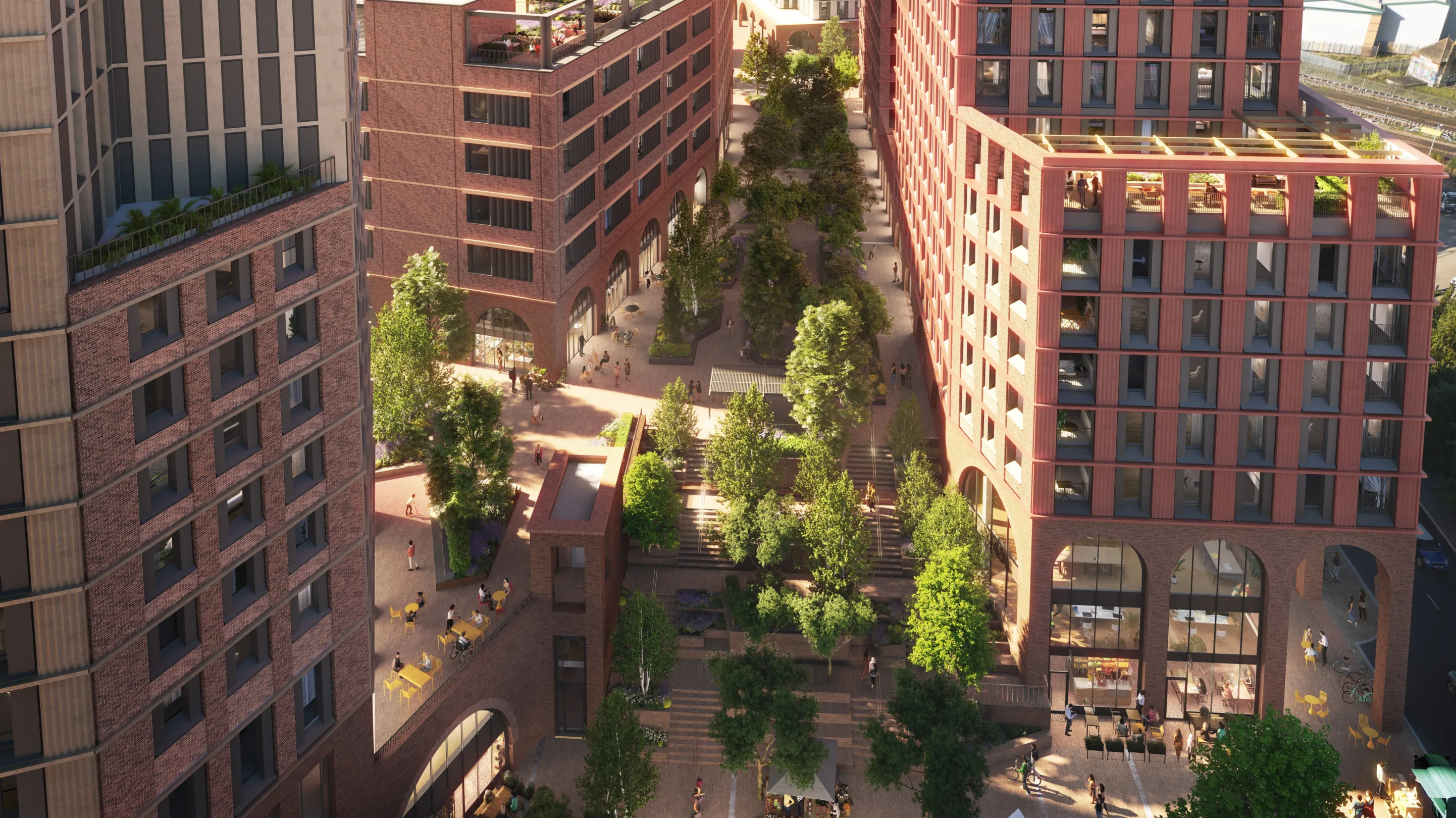 CGI of Multiple large residential buildings surrounding a wide plaza with trees and steps creating many levels of walkway. Cafes occupy commercial space at ground level.