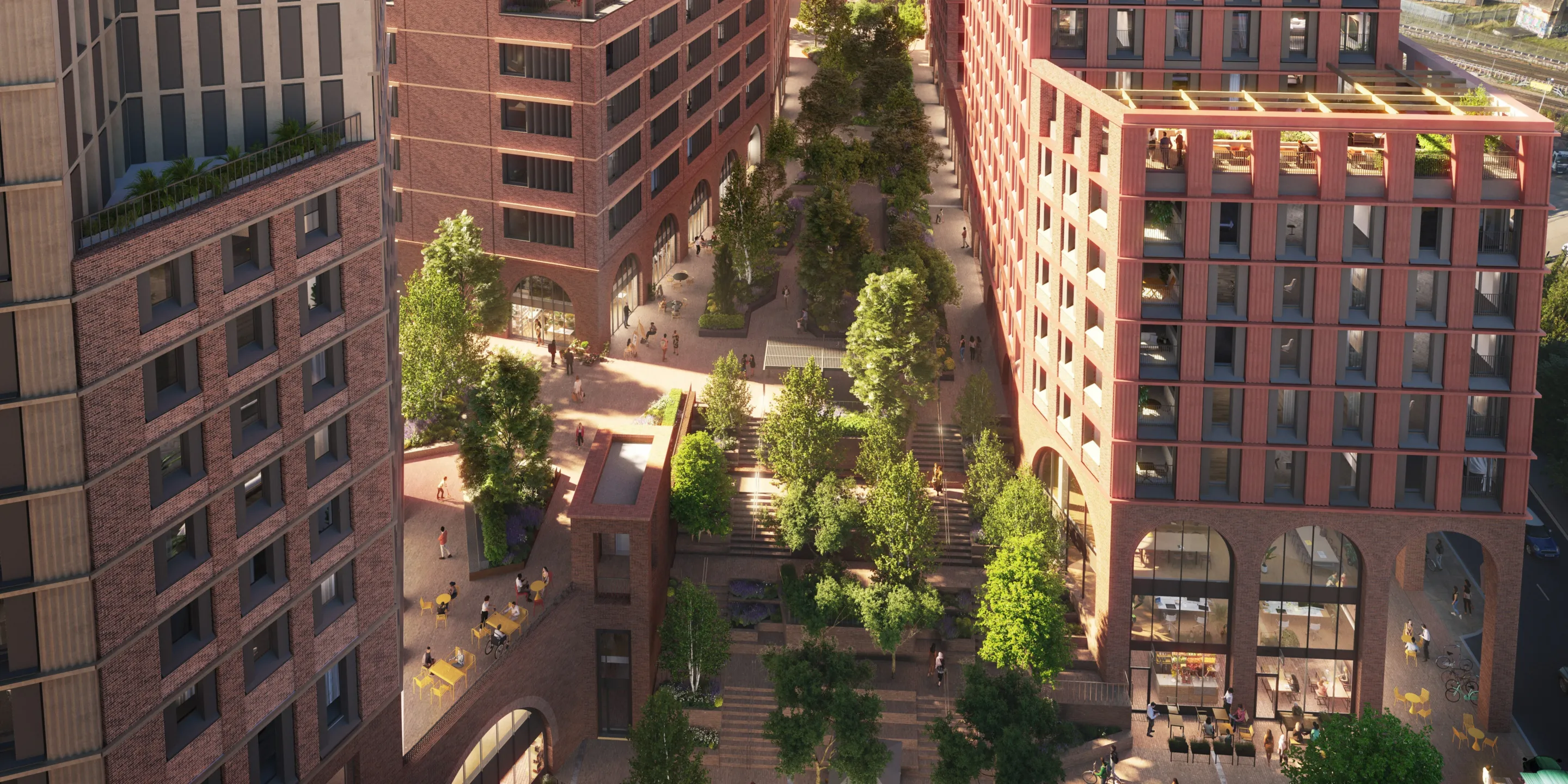 CGI of Multiple large residential buildings surrounding a wide plaza with trees and steps creating many levels of walkway. Cafes occupy commercial space at ground level.