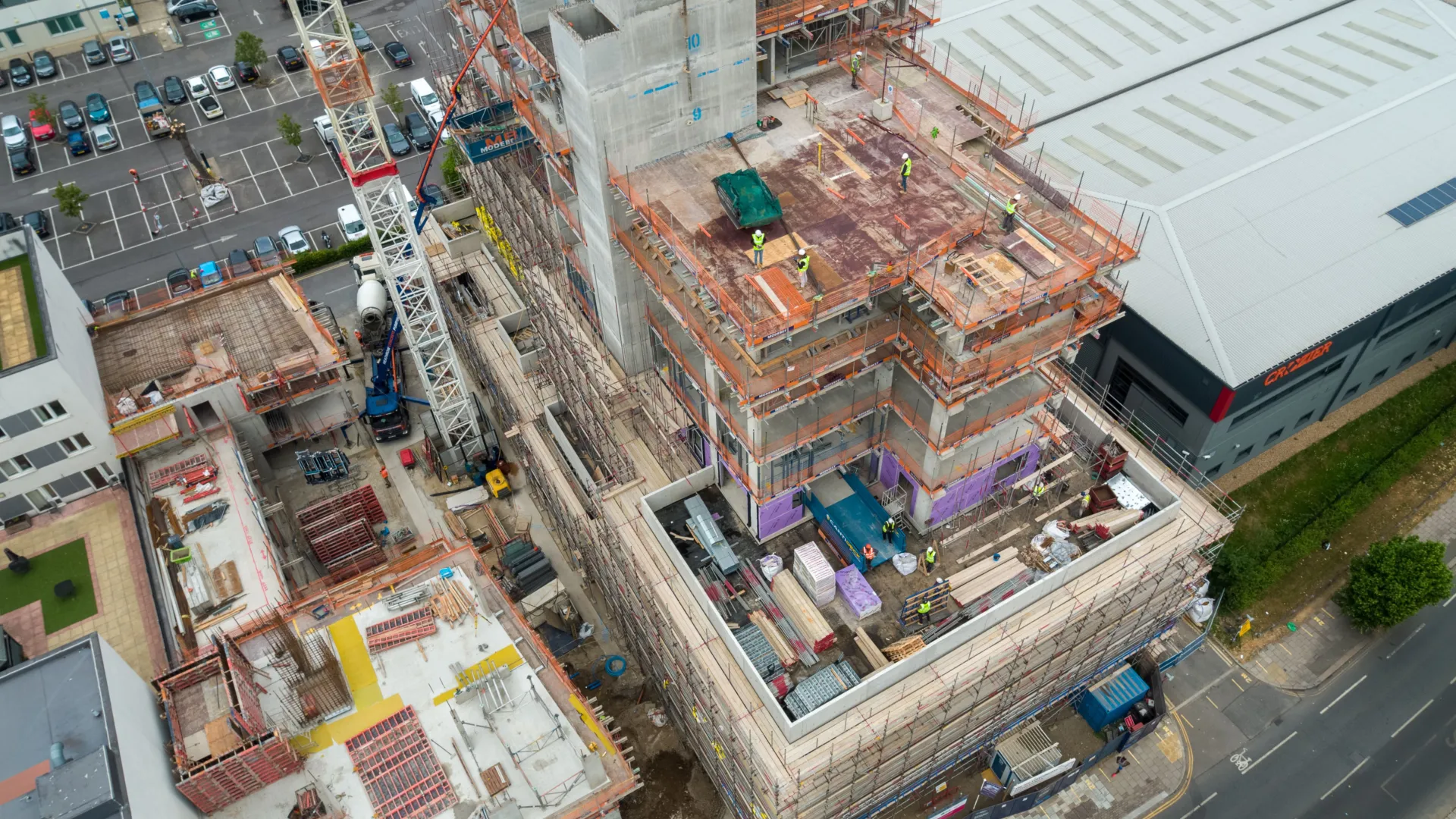 Construction site in Park Royal, the structure is being formed by using slip form concrete methods