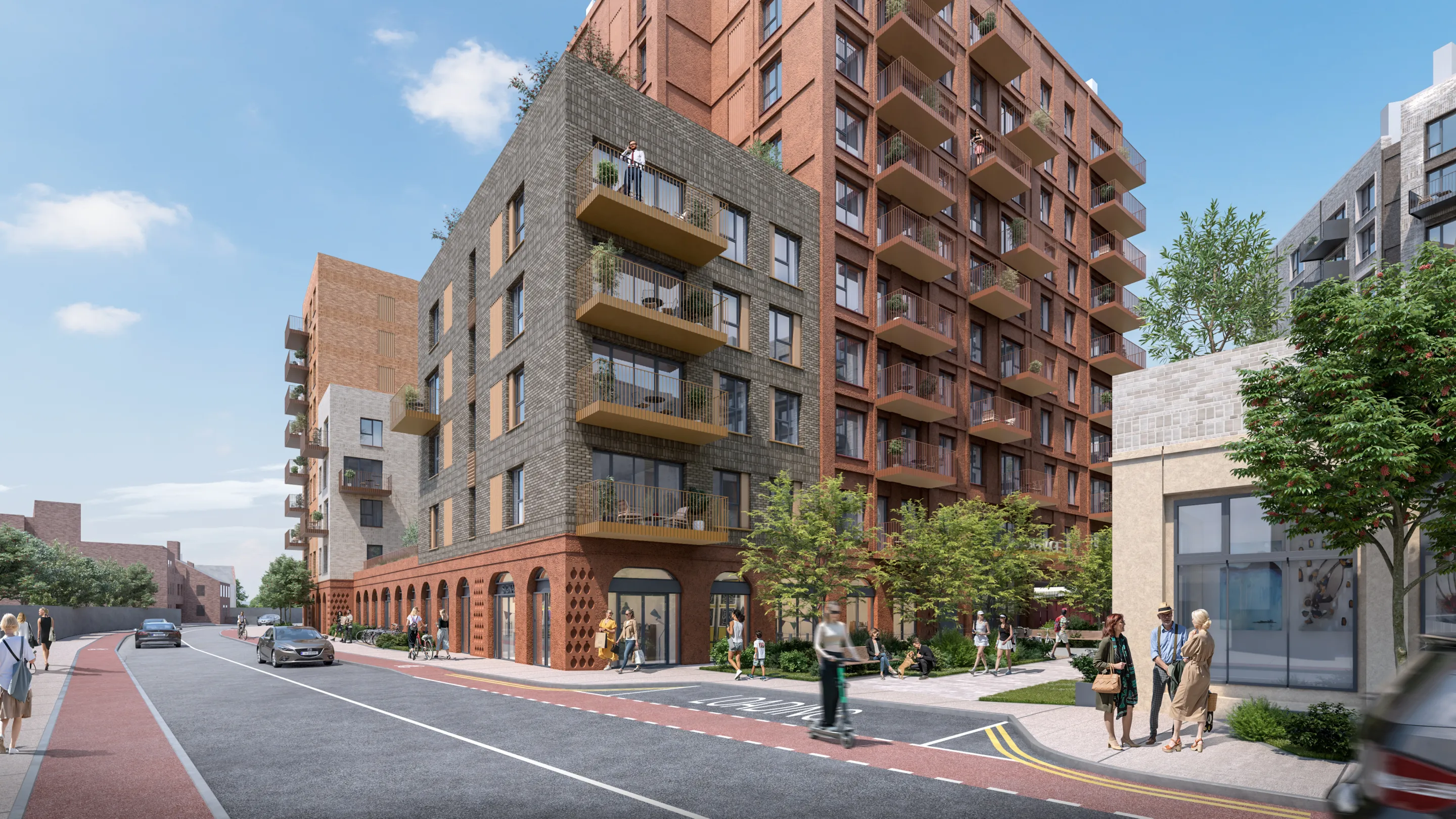 A CGI of a new build high rise development in Dublin with red and grey brickwork and balconies