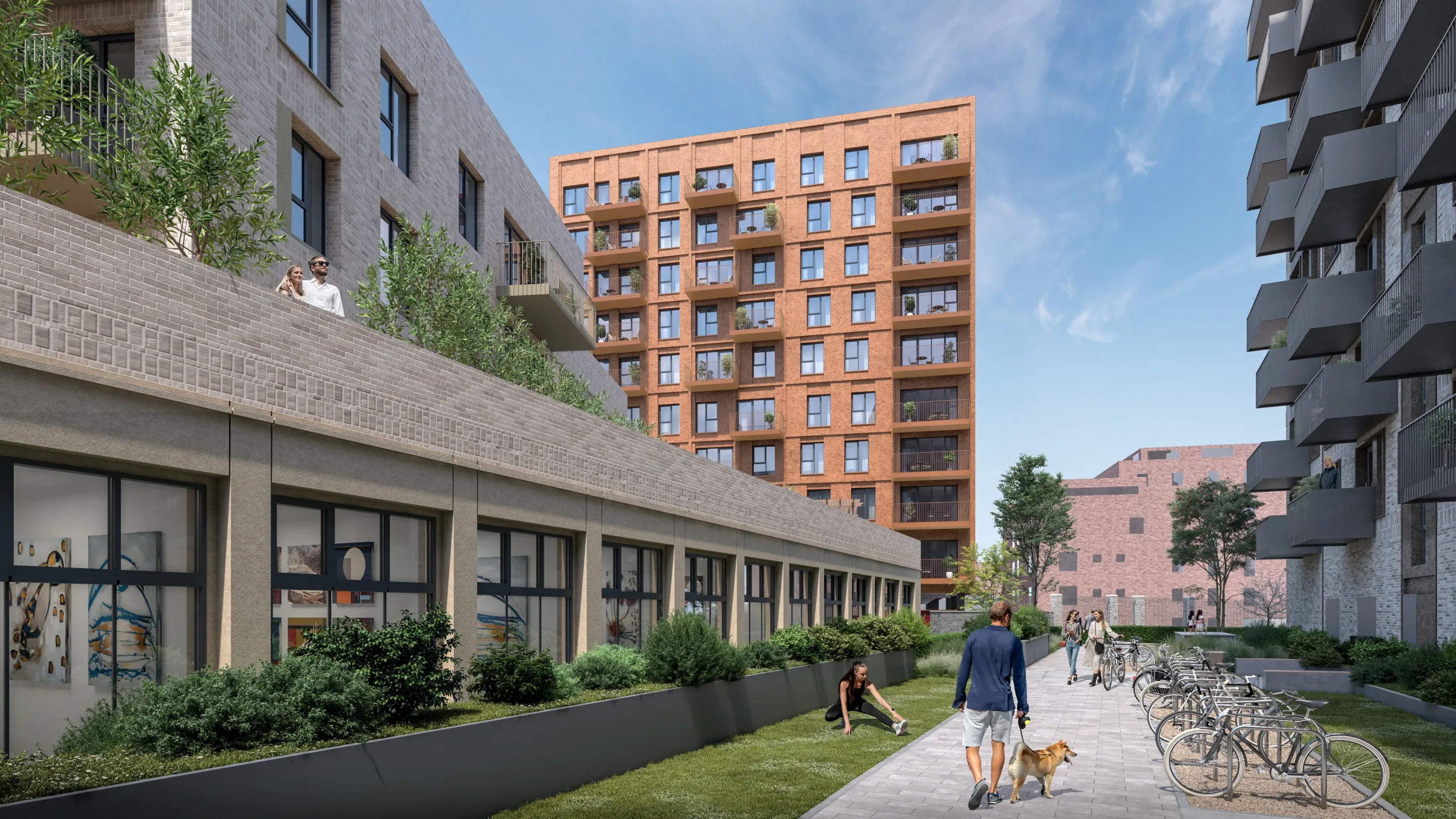 A CGI of a new build high rise development in Dublin with a landscaped courtyard and bicycle racks