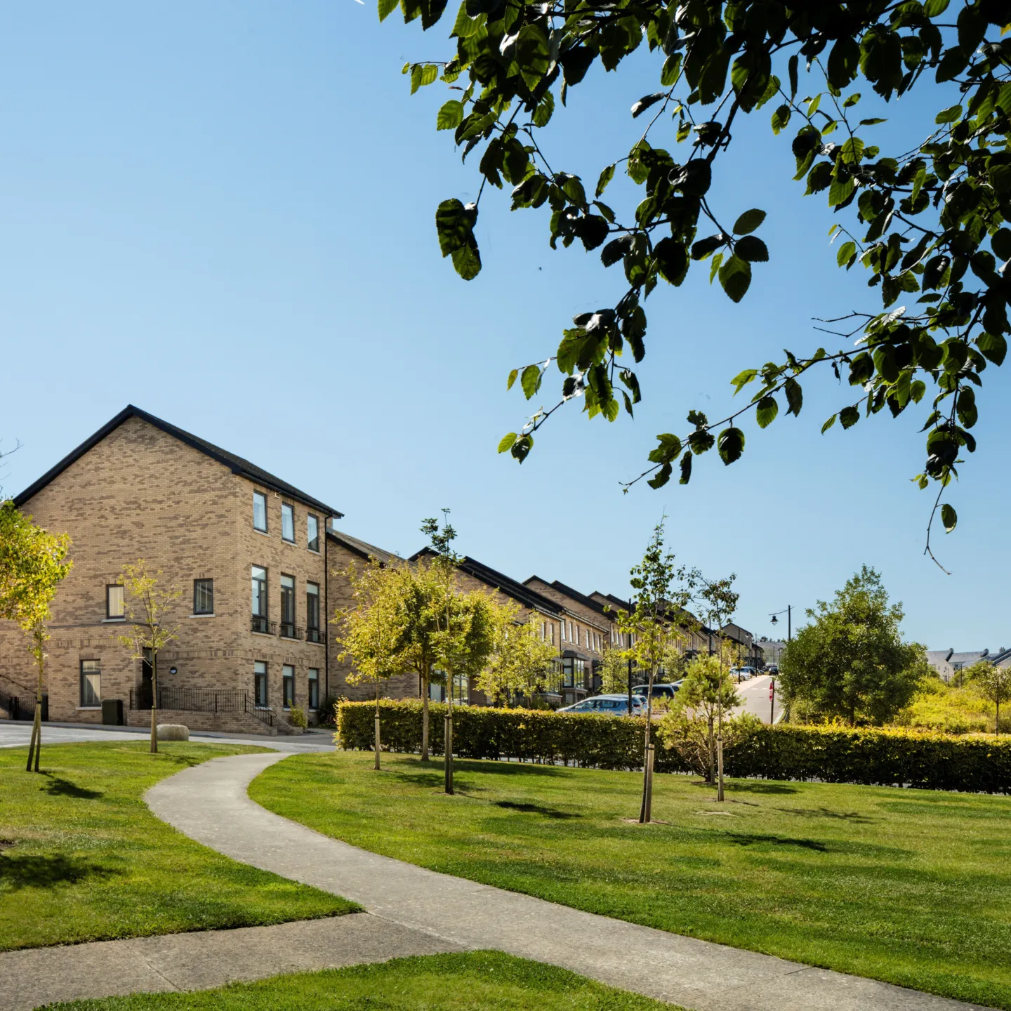 A row of terraced yellow brick houses with a large area of landscaping and footpath with trees