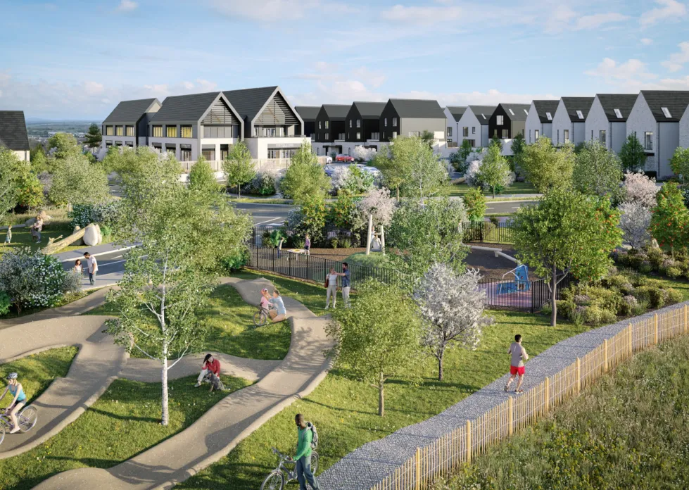 CGI Image of a new development in Portoiase, showing a BMX track, trees and landscaping with houses in the background