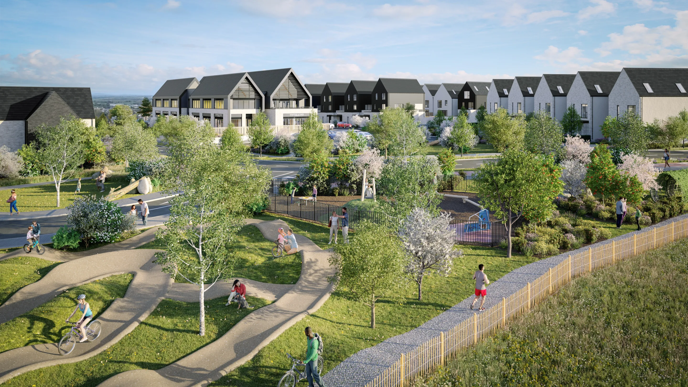 CGI Image of a new development in Portoiase, showing a BMX track, trees and landscaping with houses in the background