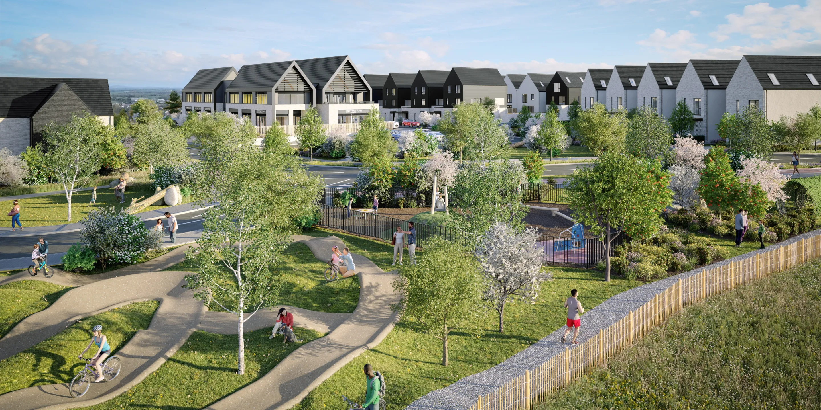 CGI Image of a new development in Portoiase, showing a BMX track, trees and landscaping with houses in the background