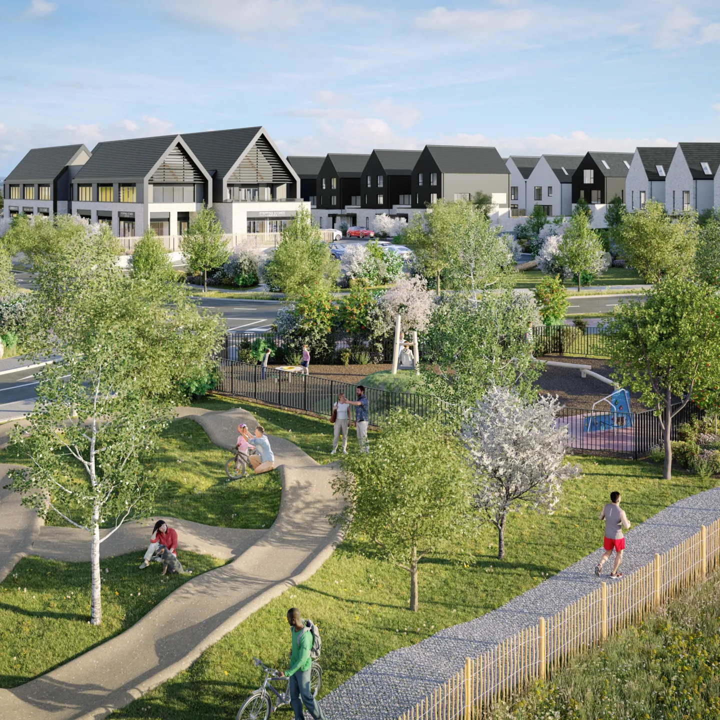 CGI Image of a new development in Portoiase, showing a BMX track, trees and landscaping with houses in the background