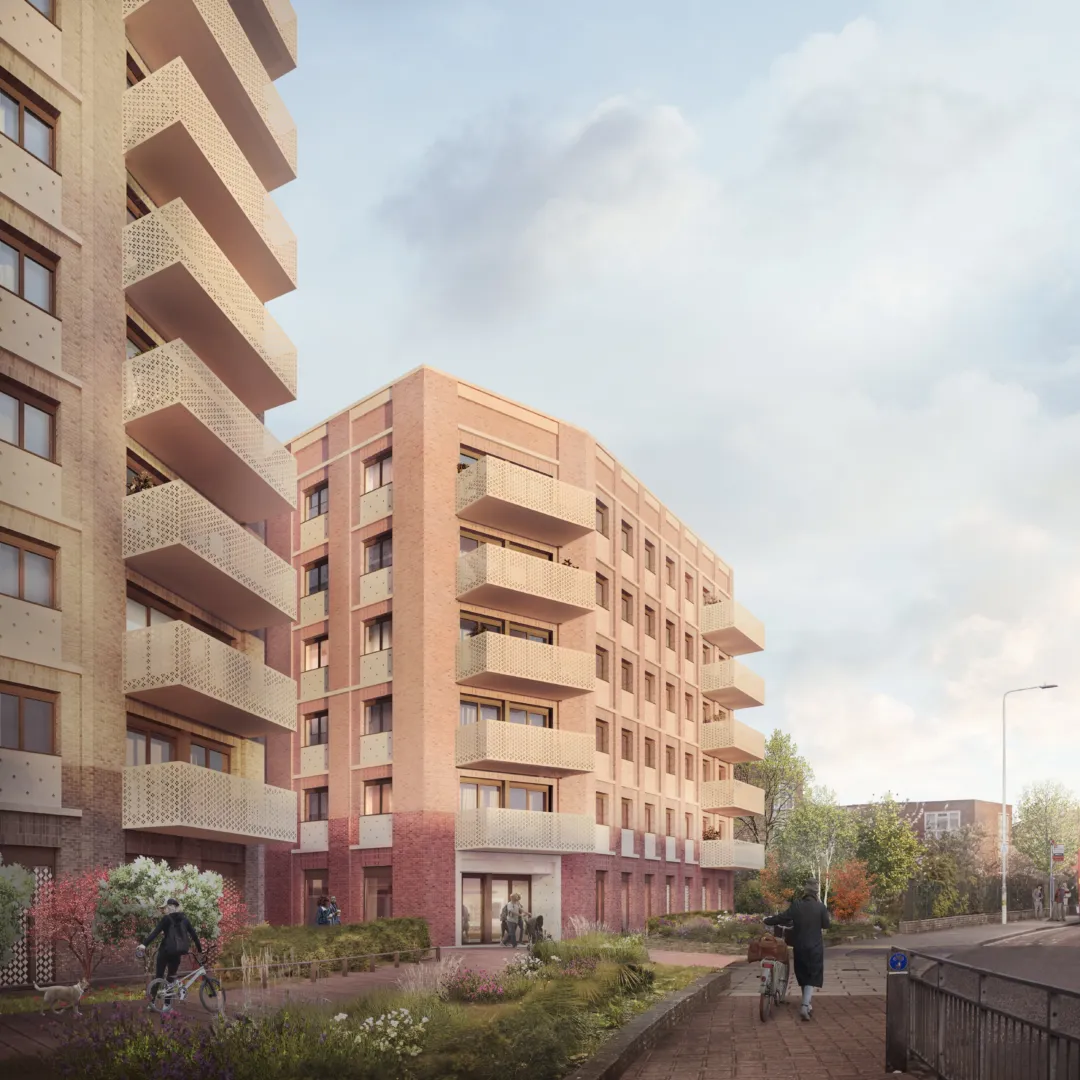 Two modern residential buildings with balconies protruding from the facade and landscaped walkways at ground level