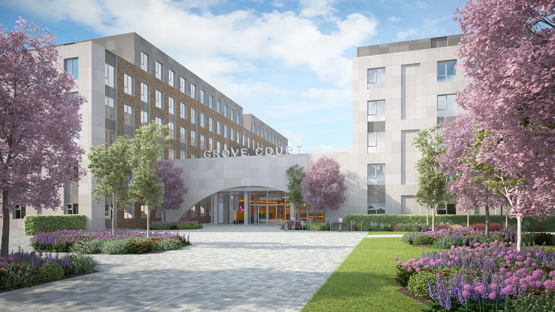 CGI image of the entrance of a new student accommodation development in Dublin
