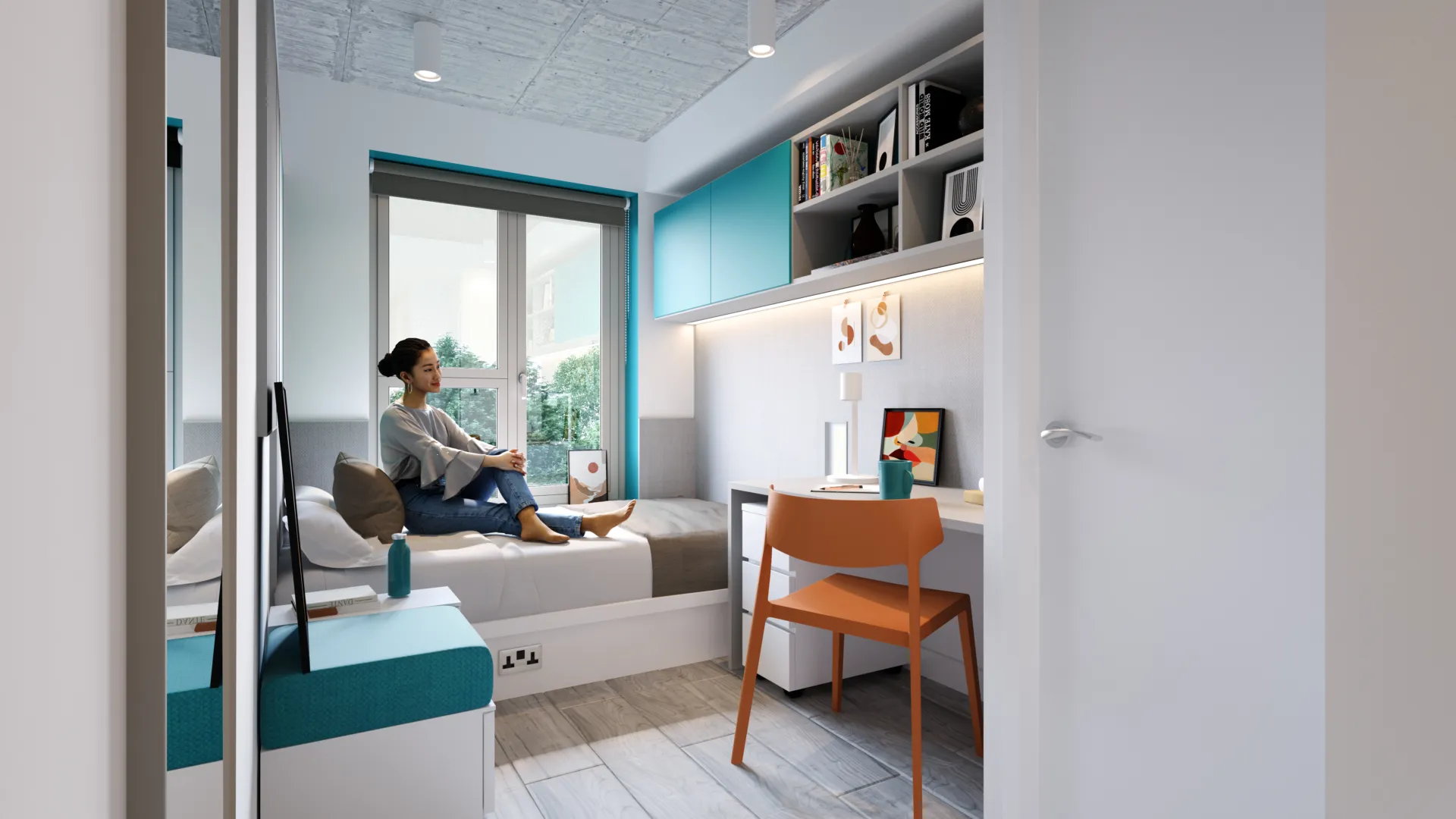 A CGI image of a student room showing a student sitting on a bed, a work desk and chair with high level shelving