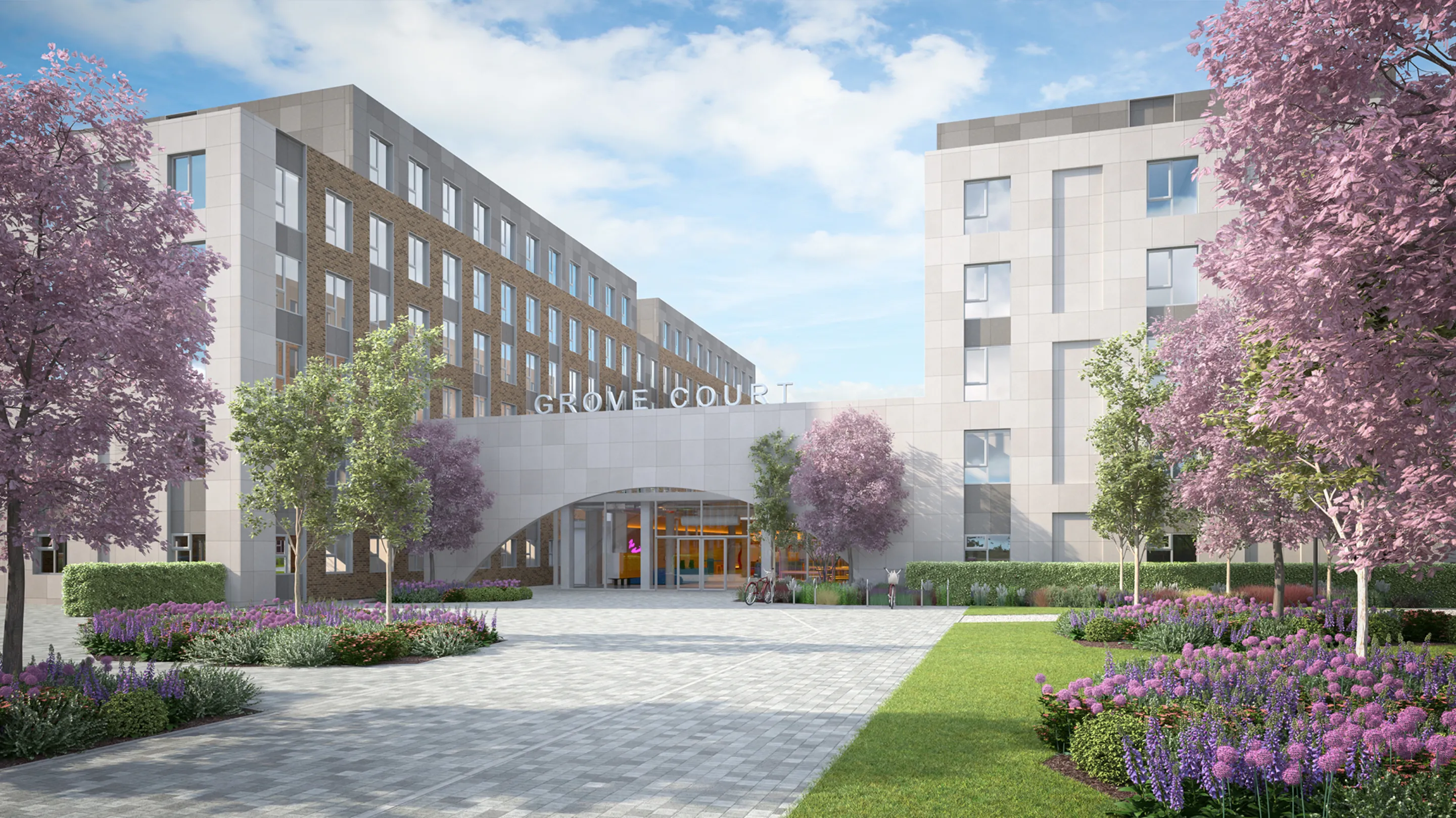 CGI image of the entrance of a new student accommodation development in Dublin