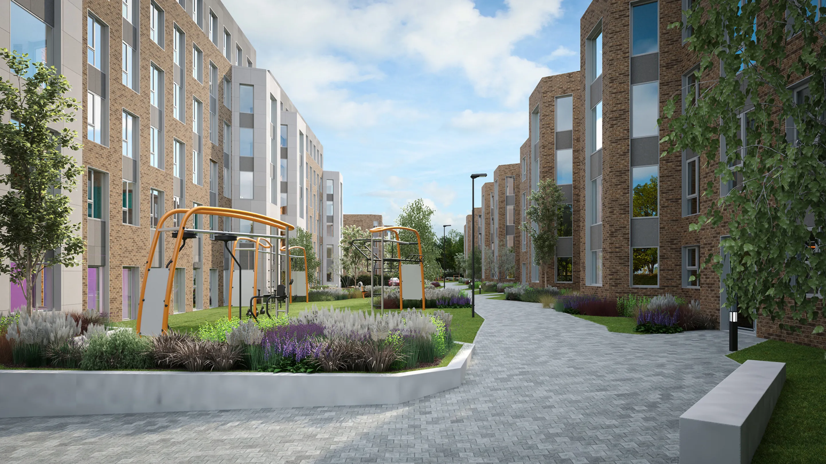 CGI image of an outdoor gym between blocks of new student accommodation development in Dublin