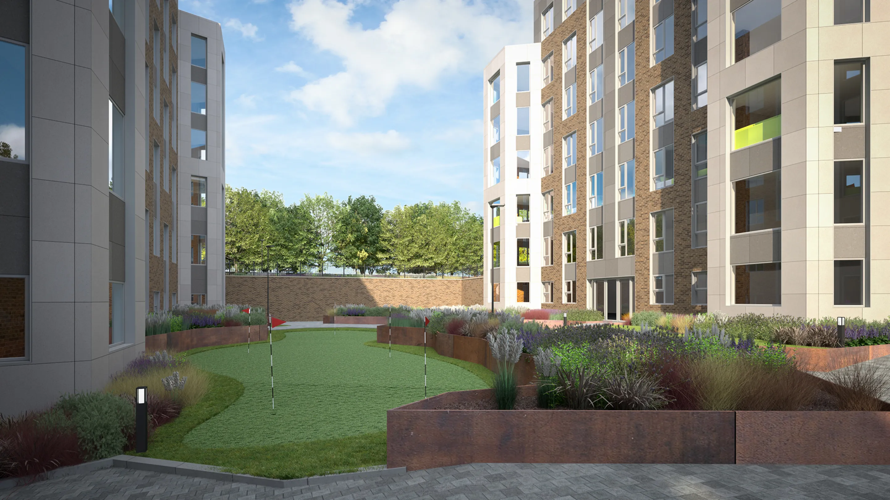 CGI image of a putting green between new blocks of student accommodation development in Dublin