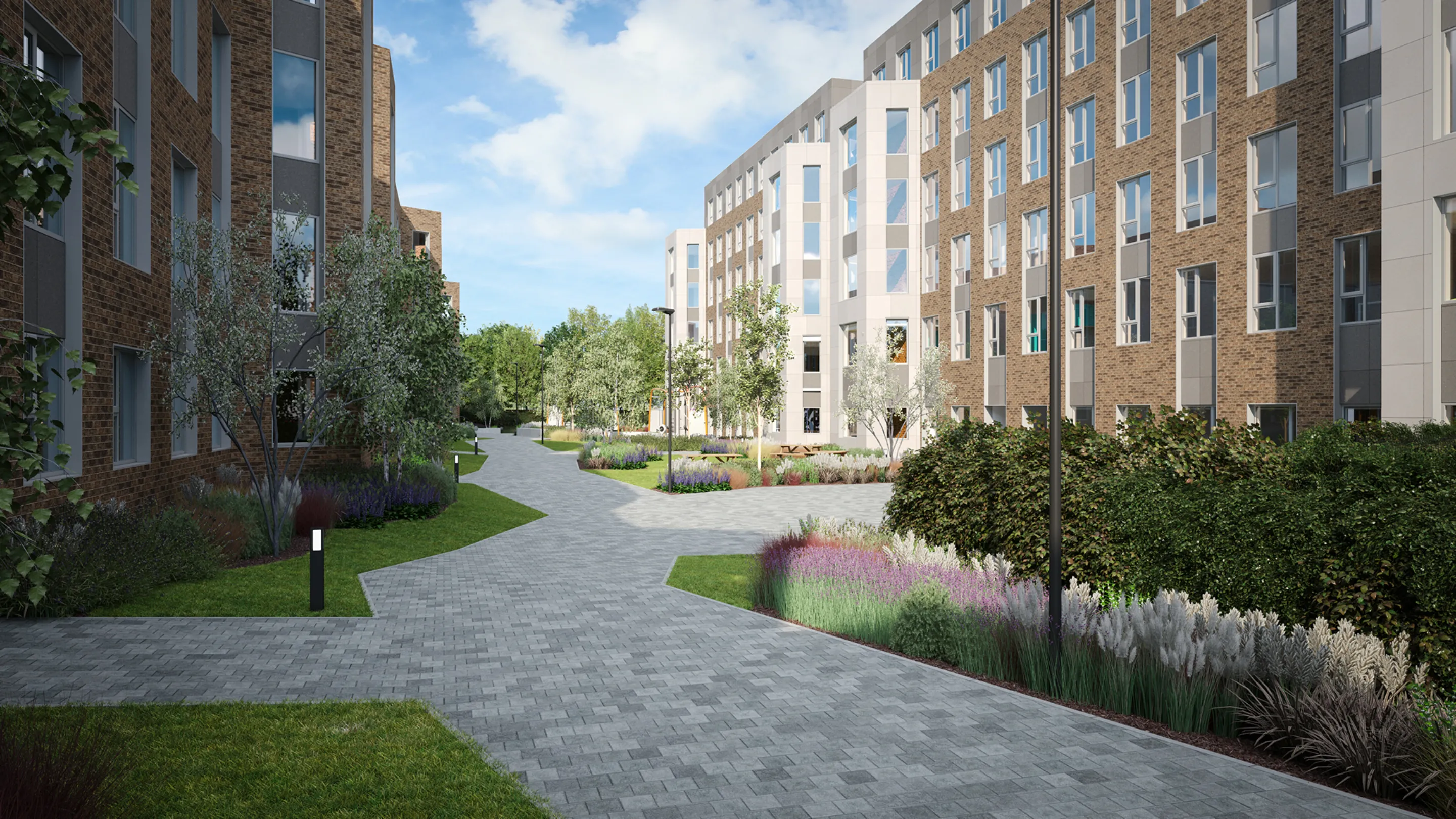 CGI image of a seating area between new blocks student accommodation development in Dublin