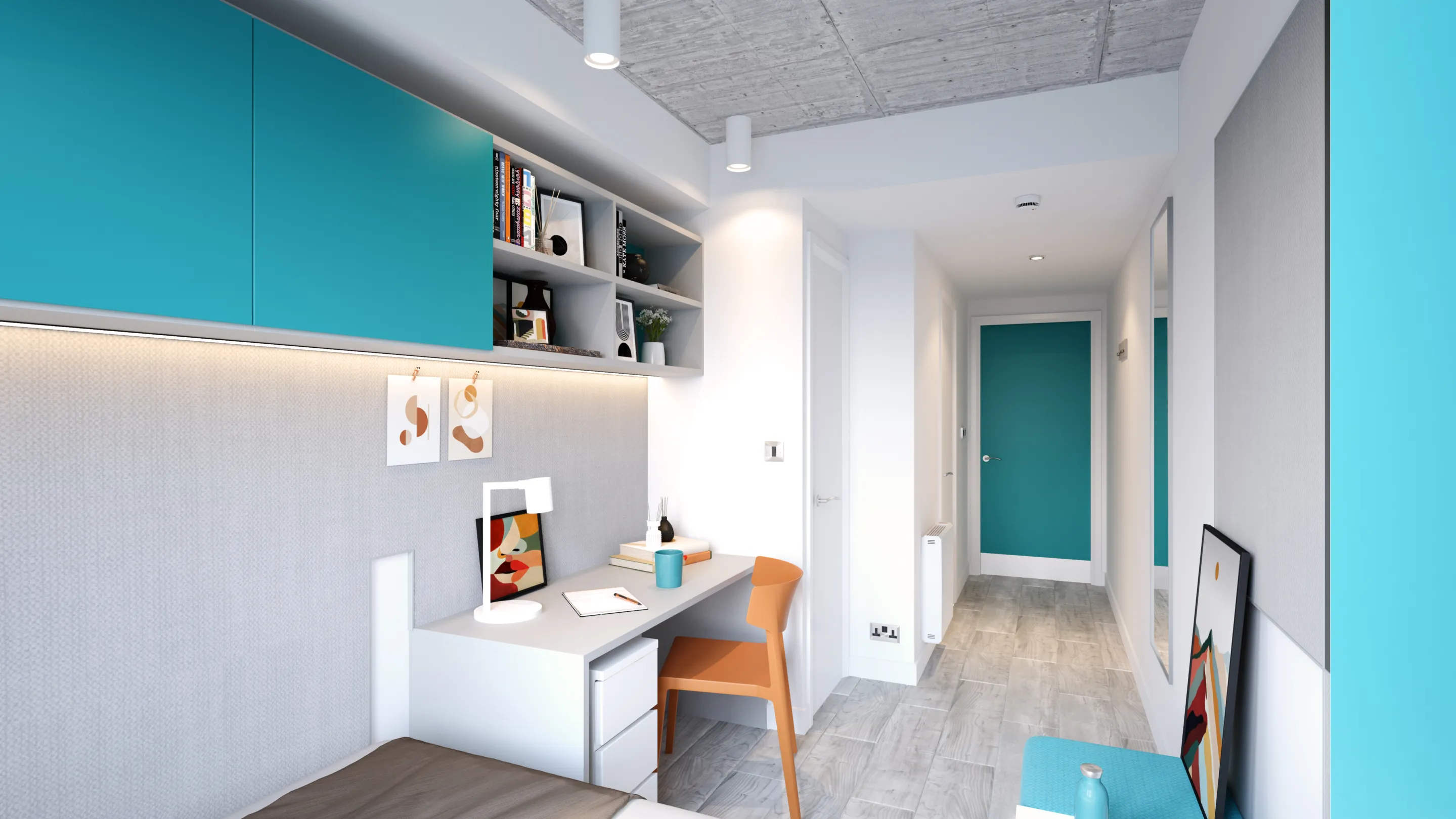 A CGI image of a student room showing a work desk and chair with high level shelving