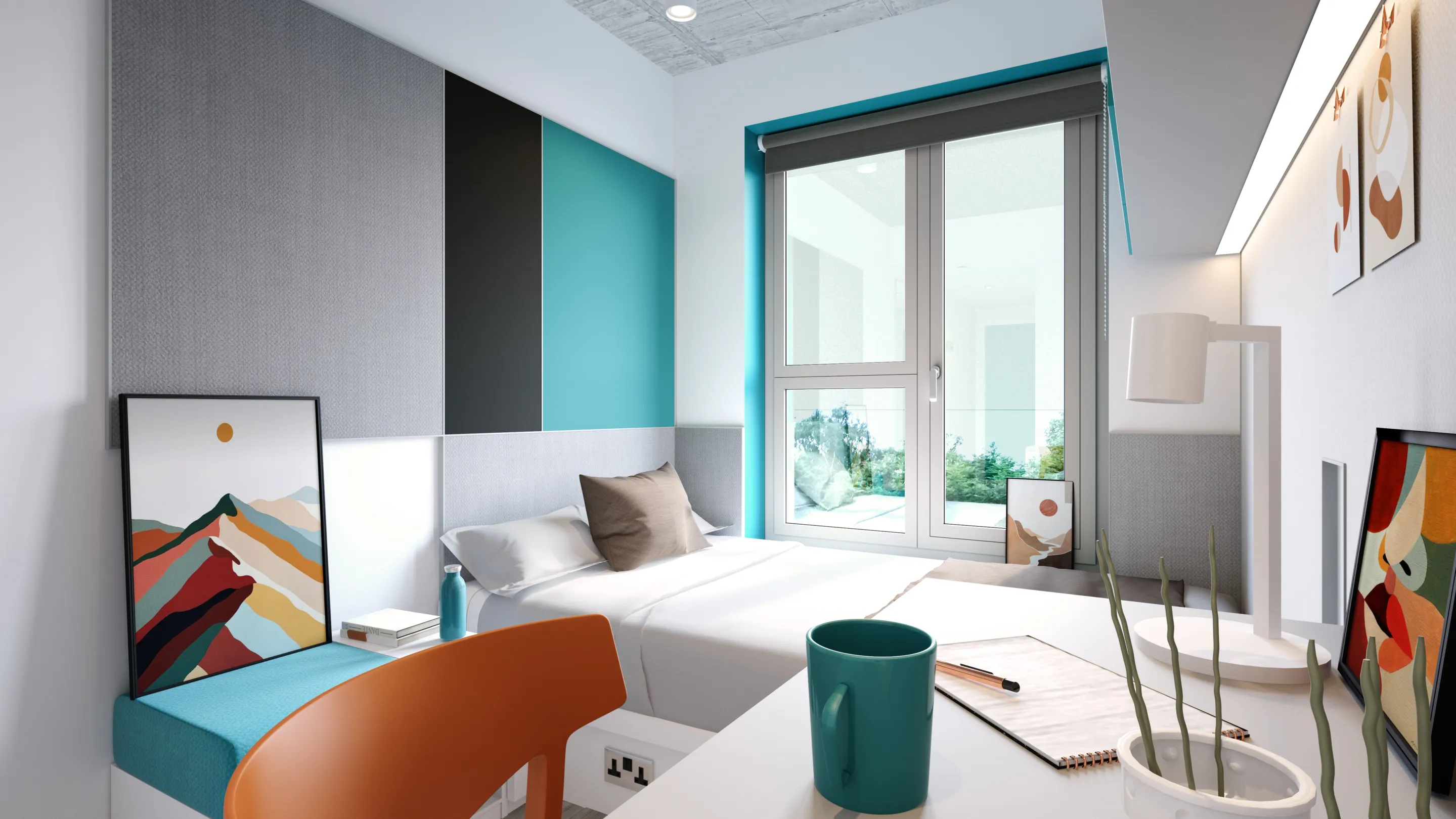 A CGI image of a student room showing a bed, work desk and chair