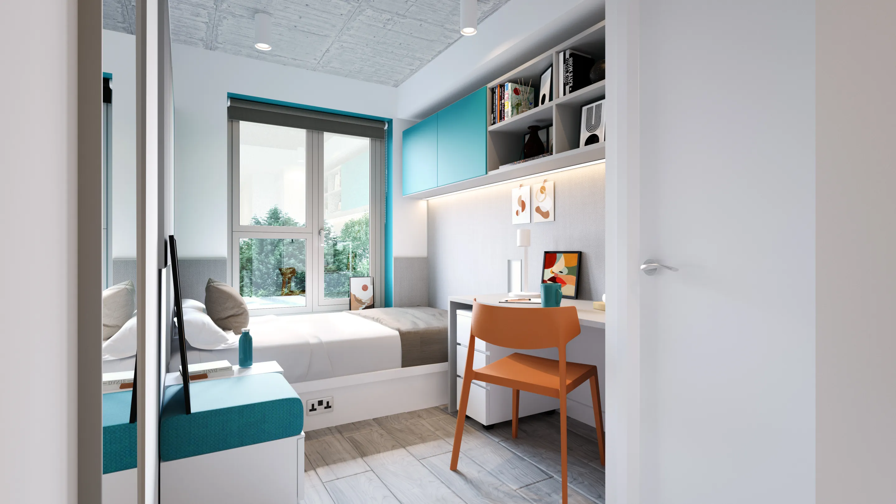 A CGI image of a student room showing a bed, work desk and chair with high level shelving