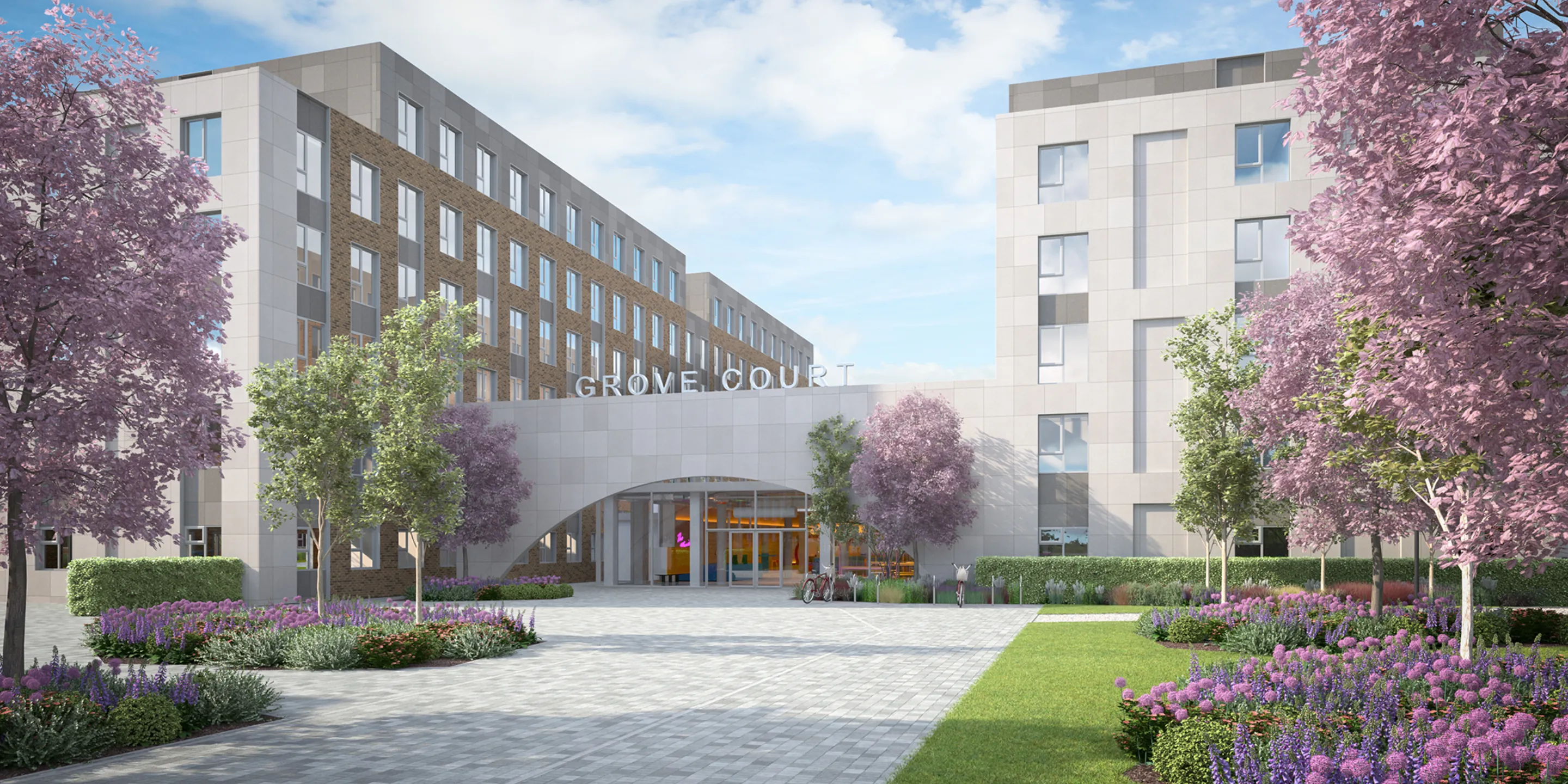 CGI image of the entrance of a new student accommodation development in Dublin