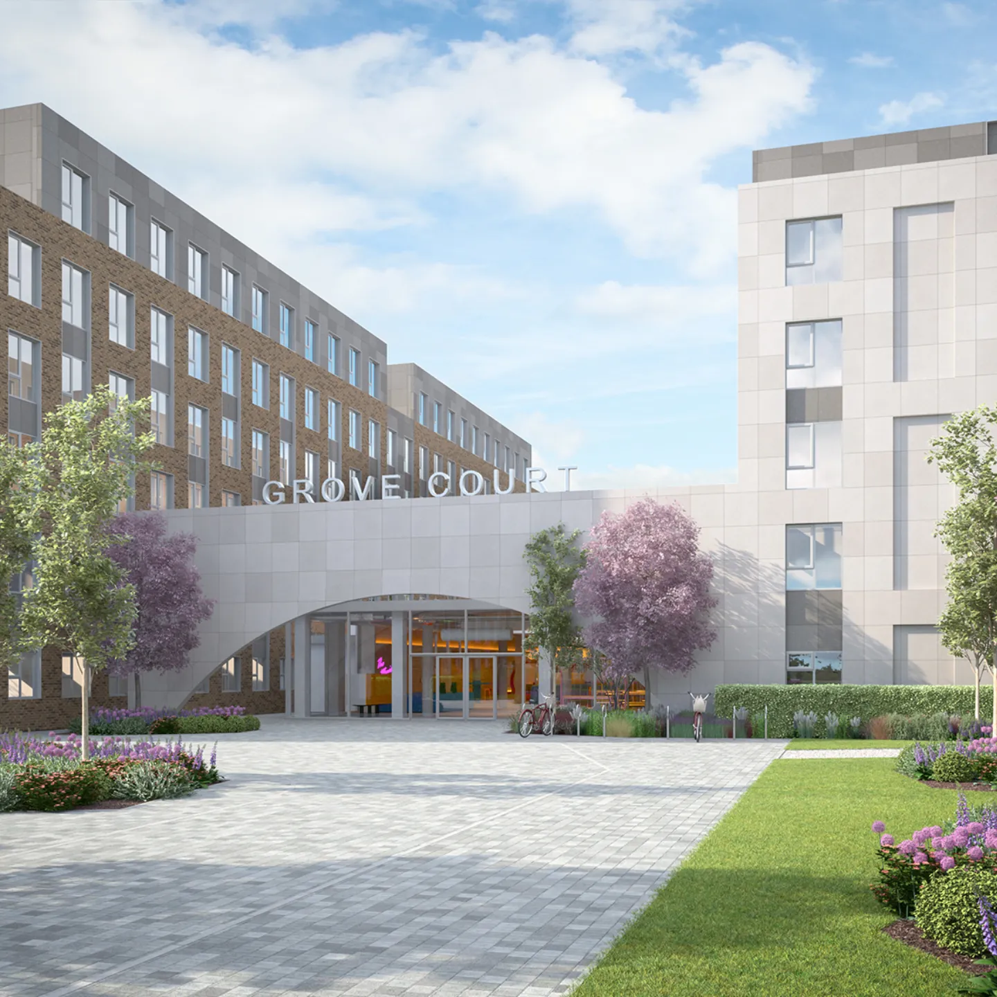 CGI image of the entrance of a new student accommodation development in Dublin