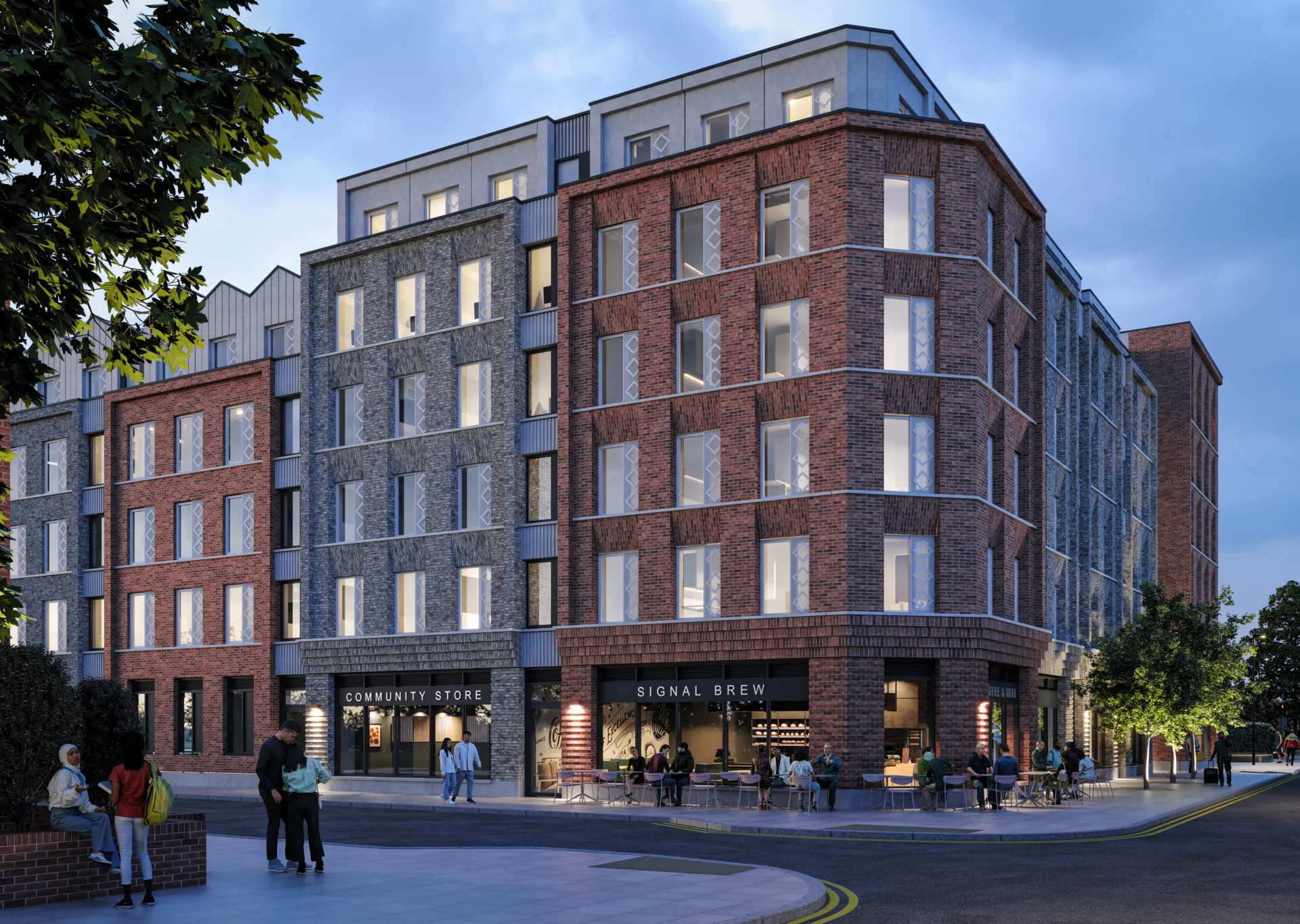 CGI image of a new student accommodation block in Wimbledon, with brick faces in a mixture of red and yellow bricks