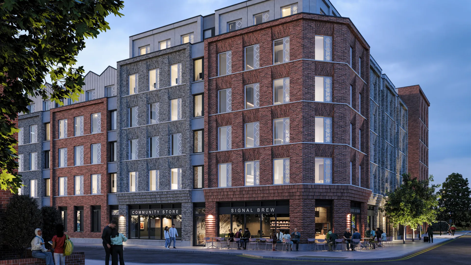 CGI image of a new student accommodation block in Wimbledon, with brick faces in a mixture of red and yellow bricks