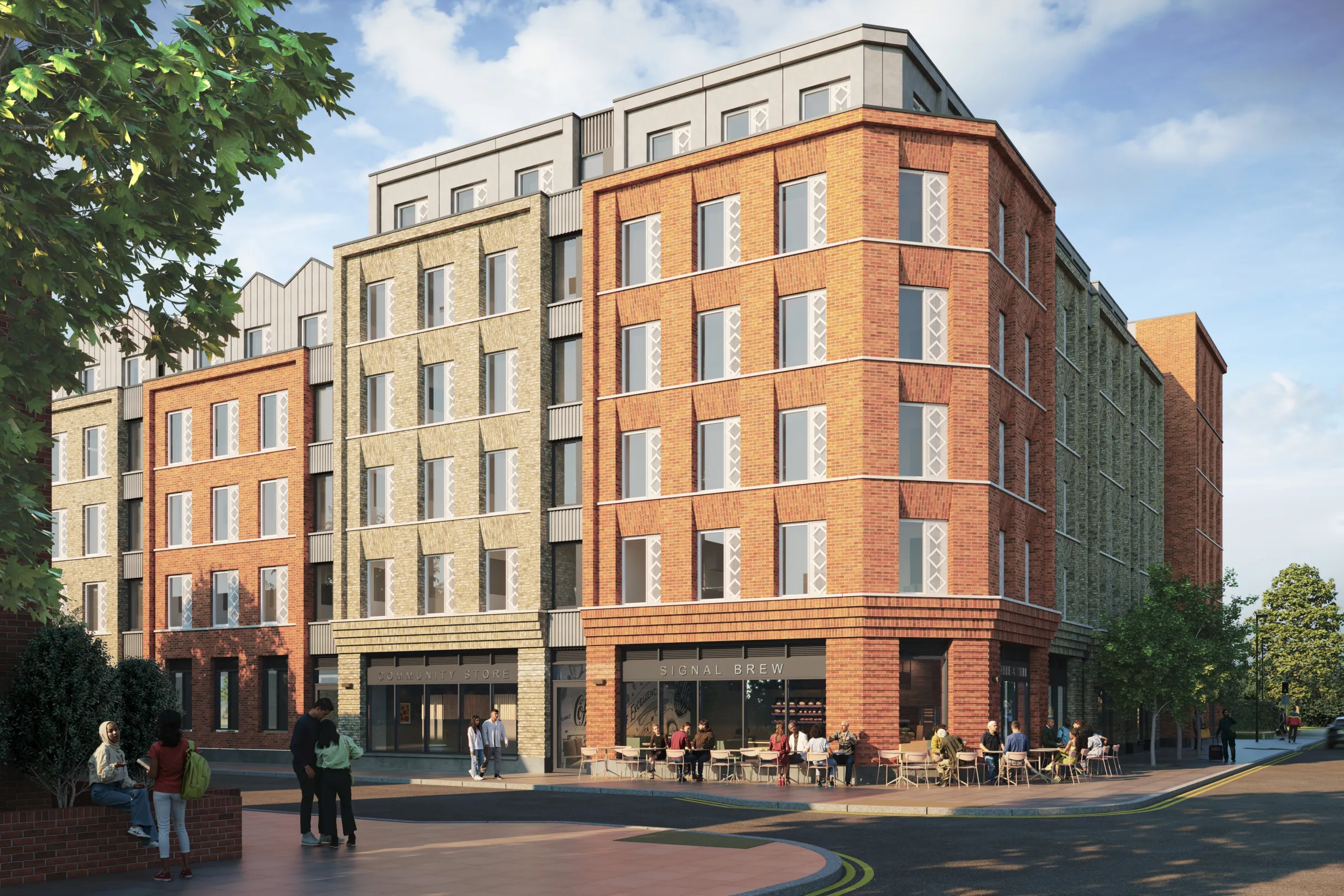 CGI image of a new student accommodation block in Wimbledon, with brick faces in a mixture of red and yellow bricks