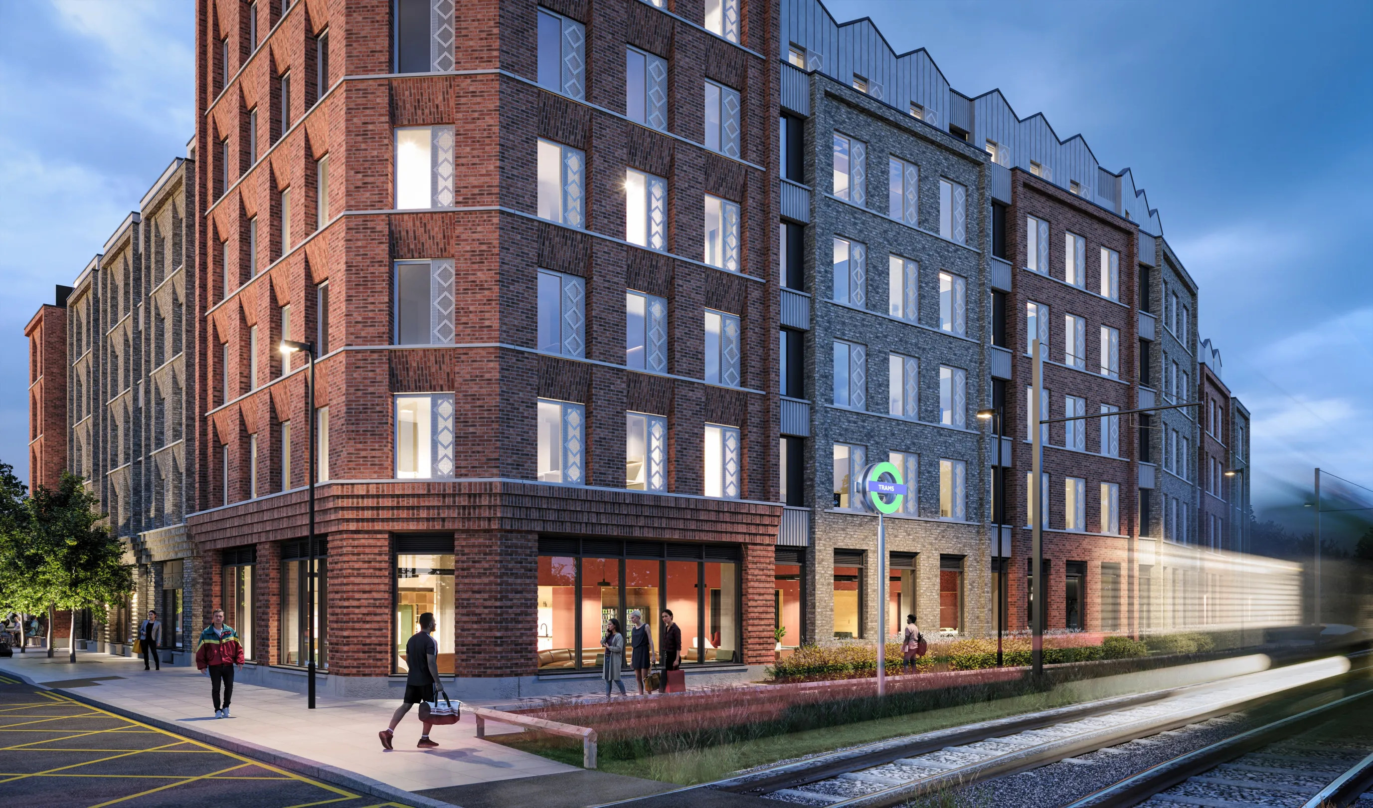 CGI image of a new student accommodation block in Wimbledon, with brick faces in a mixture of red and yellow bricks
