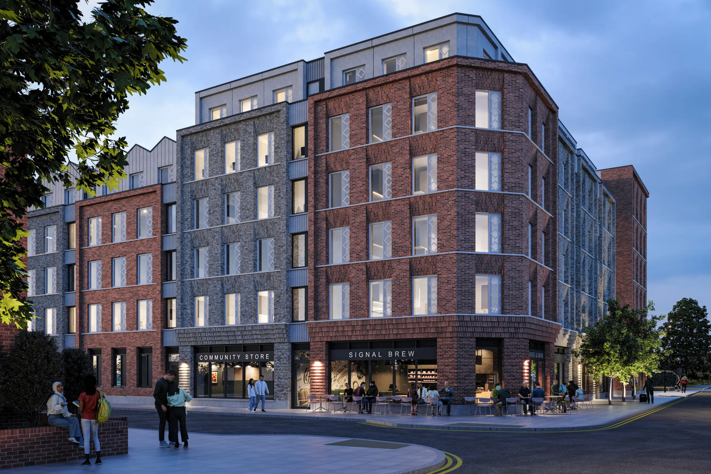 CGI image of a new student accommodation block in Wimbledon, with brick faces in a mixture of red and yellow bricks